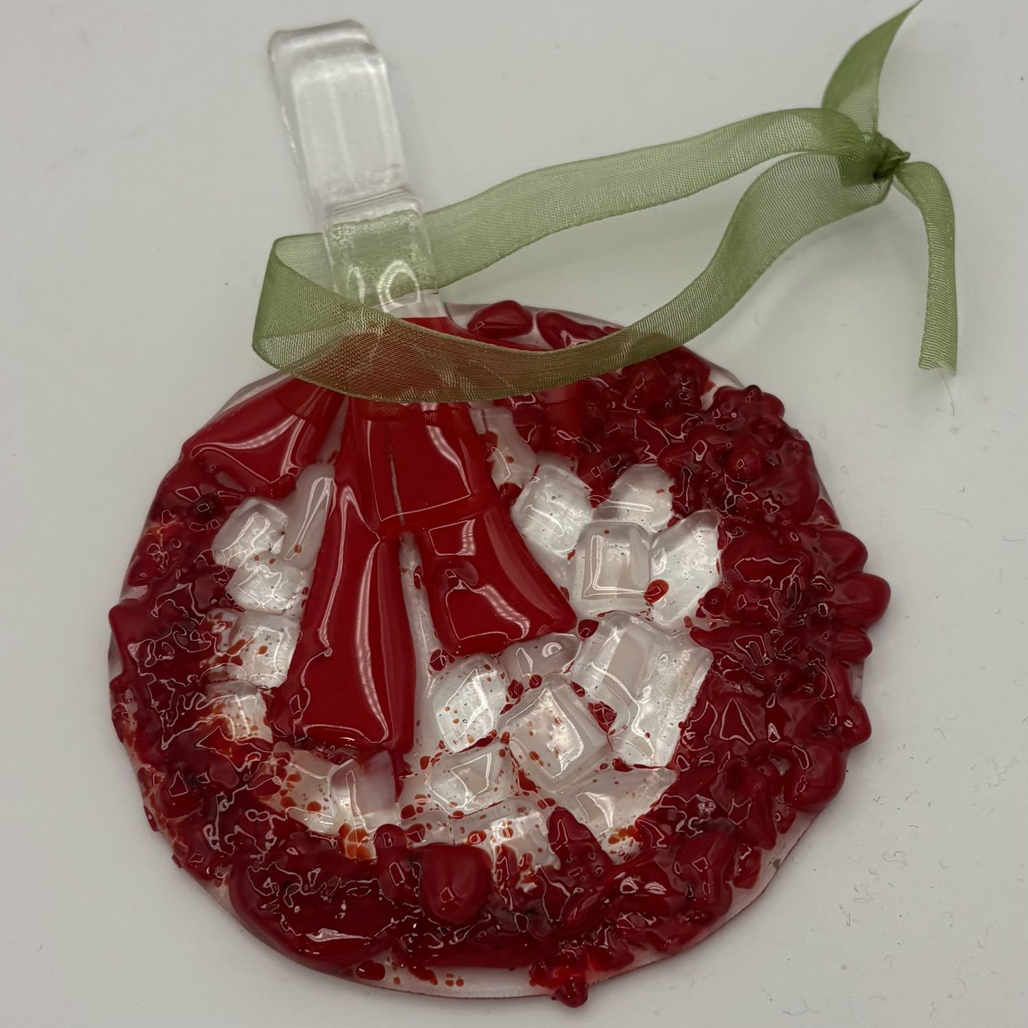 Sarah Brown, Fused Glass Ornament, Red Wreath