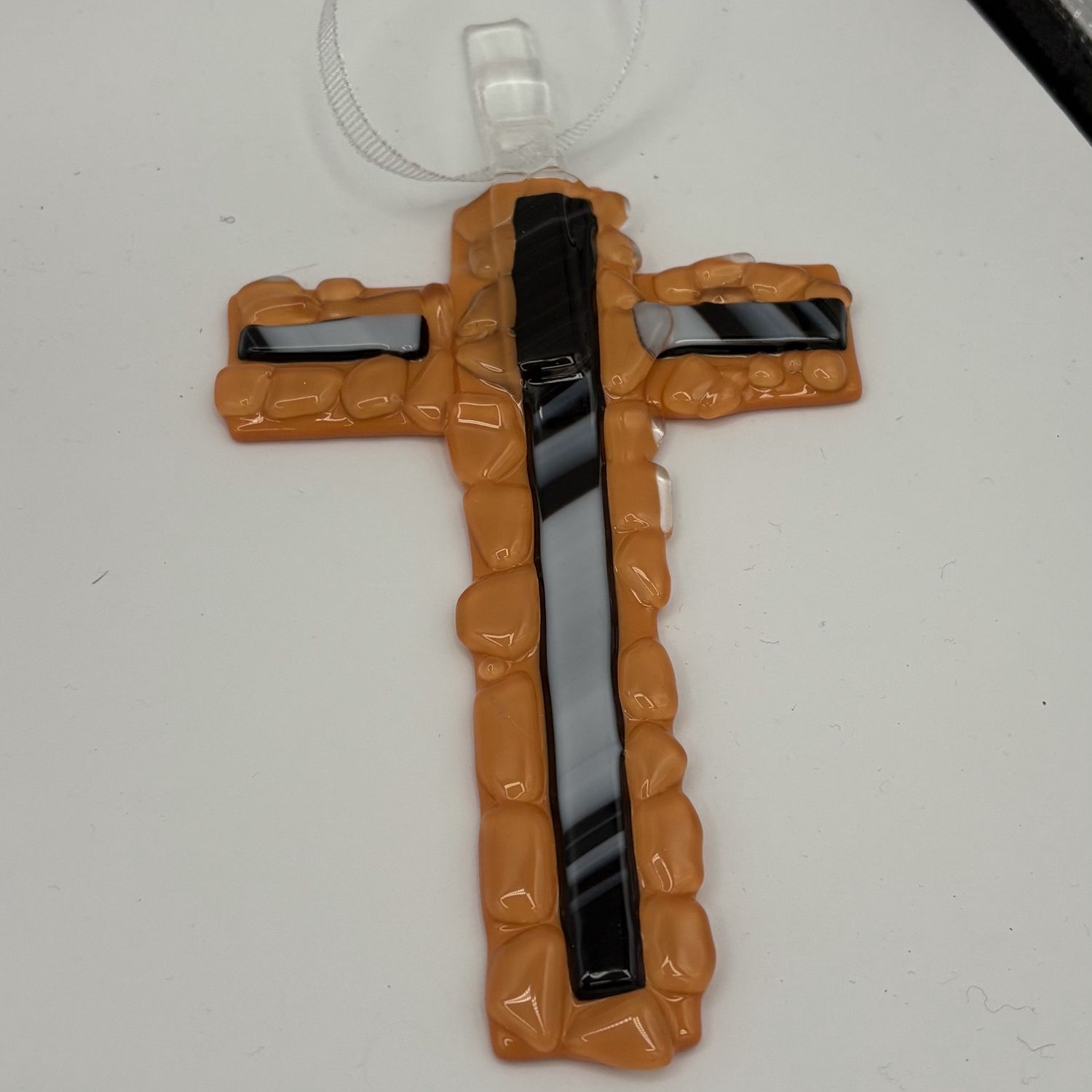 Saul Ray, Fused Glass Ornament, Orange and Black Cross