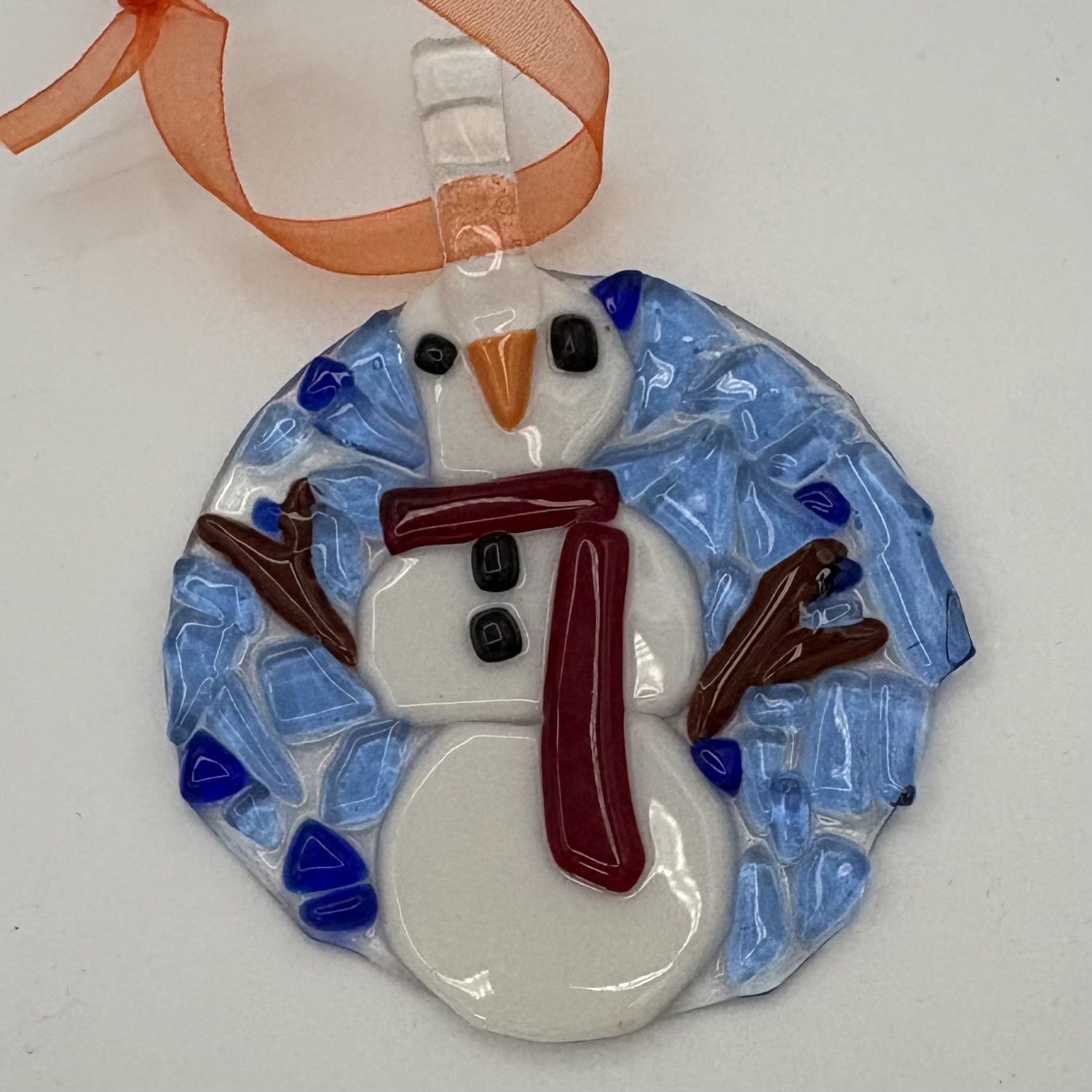 Alaina Weeks, Fused Glass Ornament, Snowman in a Red Scarf