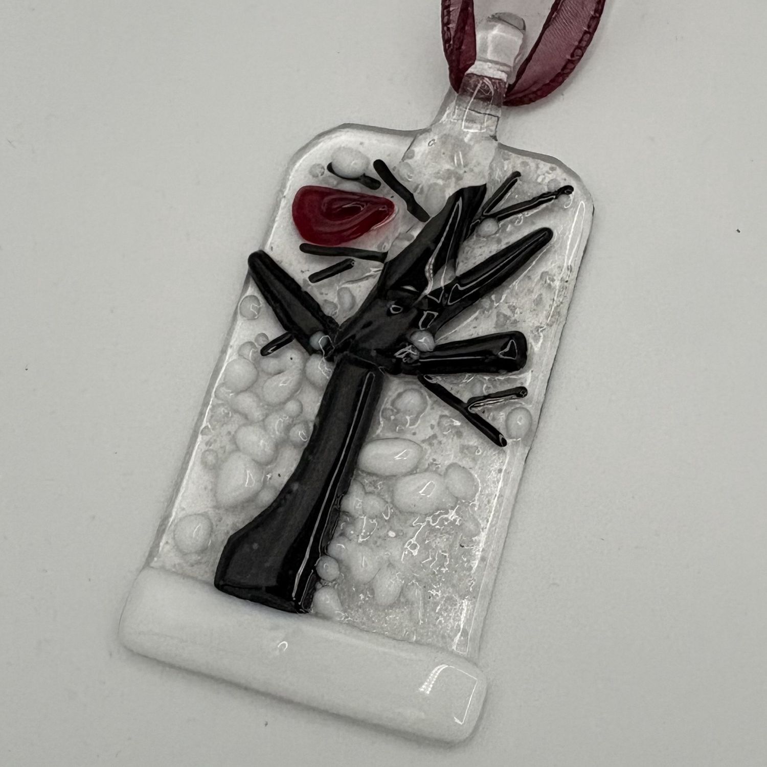 Jody Mann, Fused Glass Ornament, Cardinal on a Dark Snowy Tree