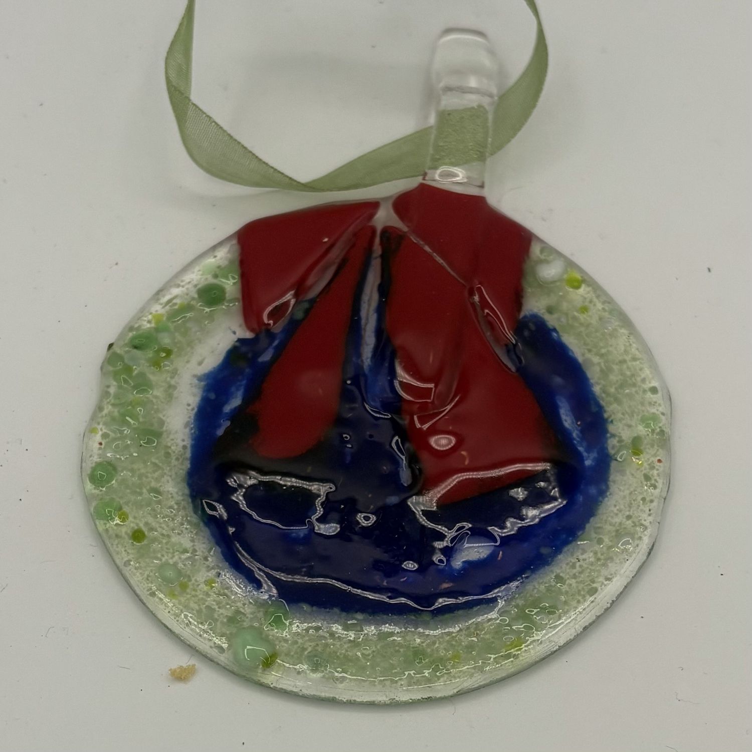 Kenny Needham, Fused Glass Ornament, Red, Green and Blue Wreath