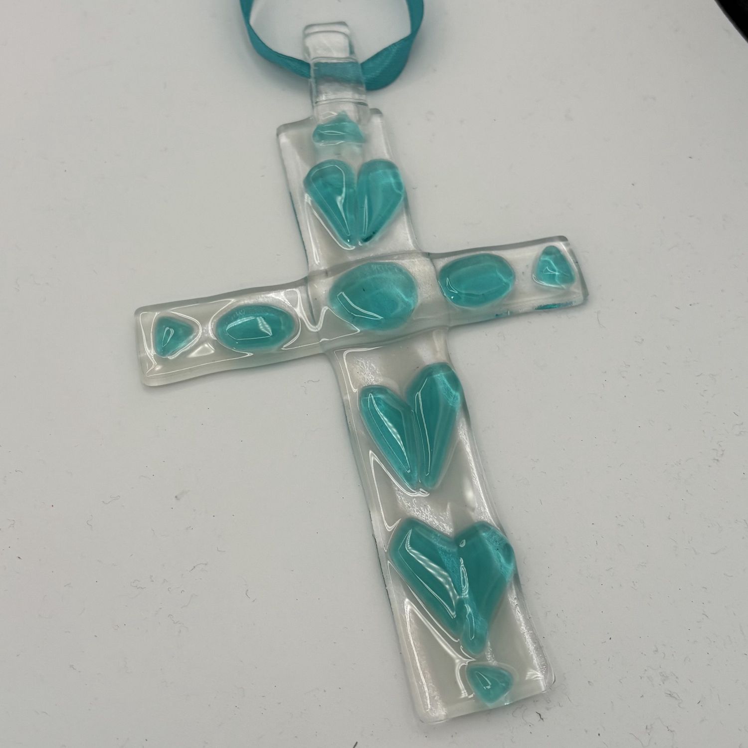 Mallory Miller, Fused Glass Ornament, Cross with Teal Shapes