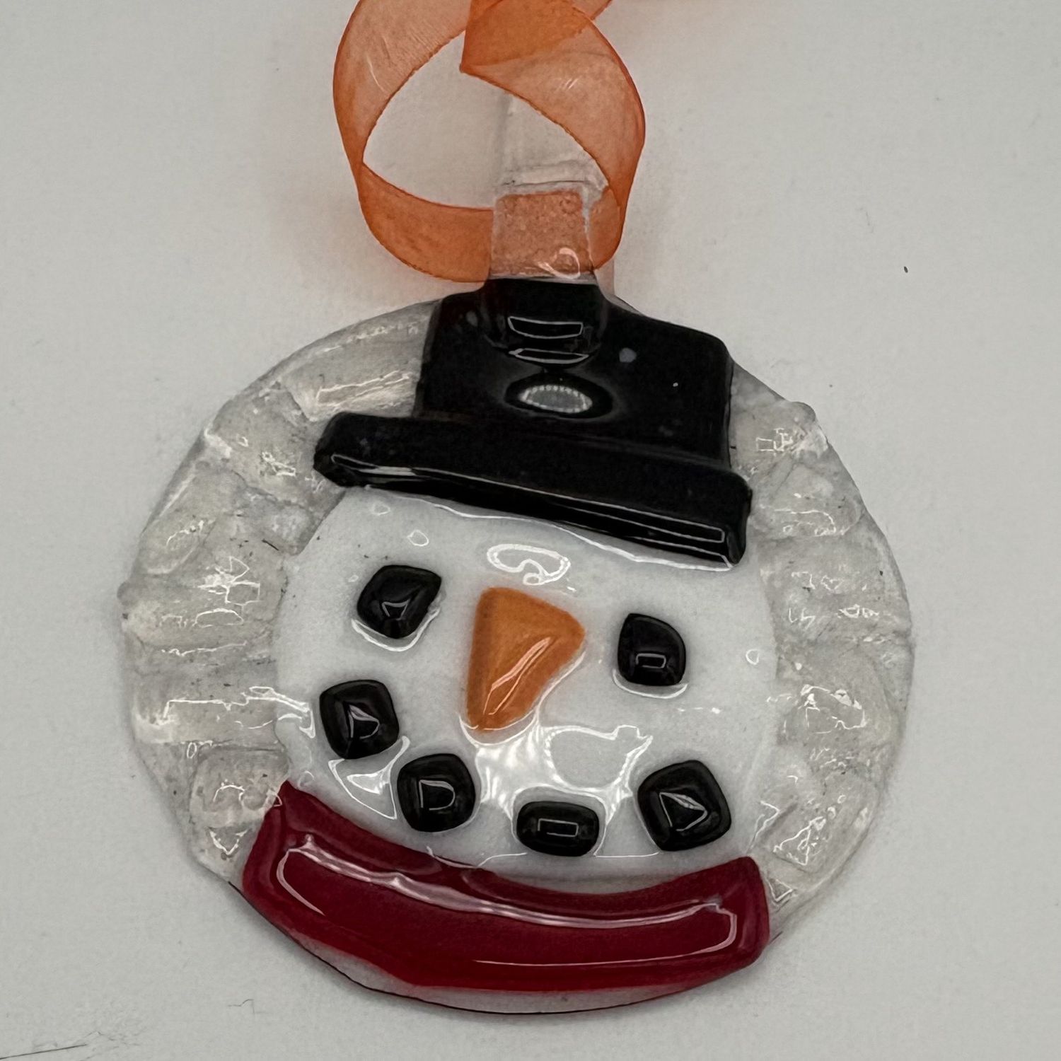 Erica Hasler, Fused Glass Ornament, Snowman in Red Scarf