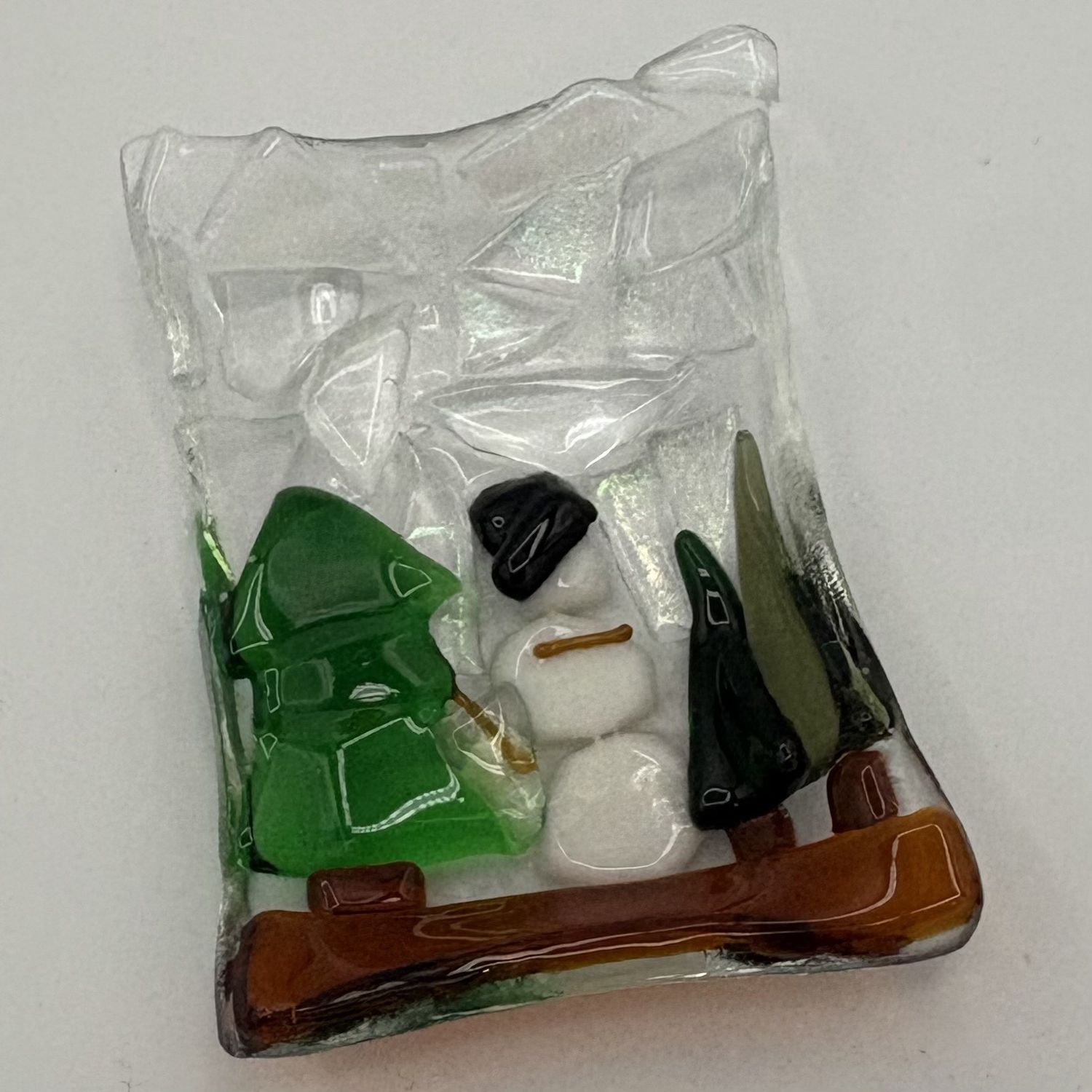 Lori Lefferts, Fused Glass Soap Dish, Snowman among the Trees