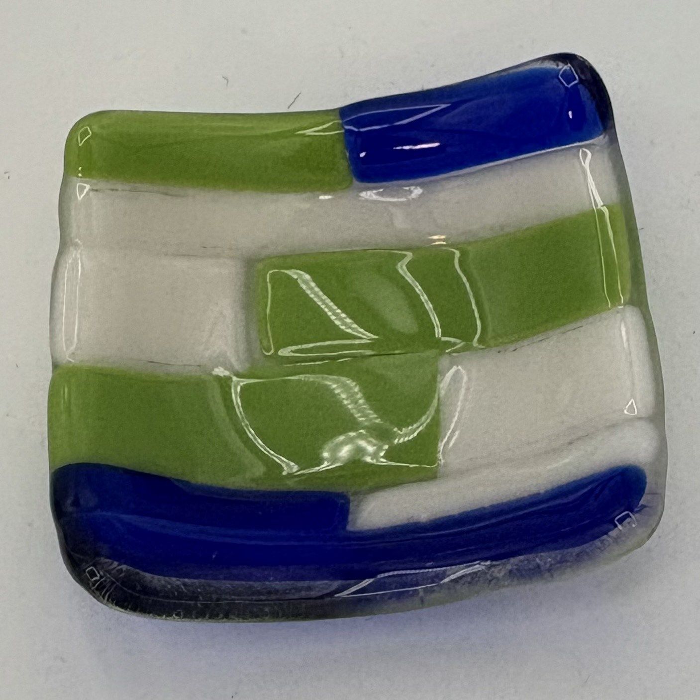 James Egan, Fused Glass Ring Dish, Green, Blue and White Rectangles