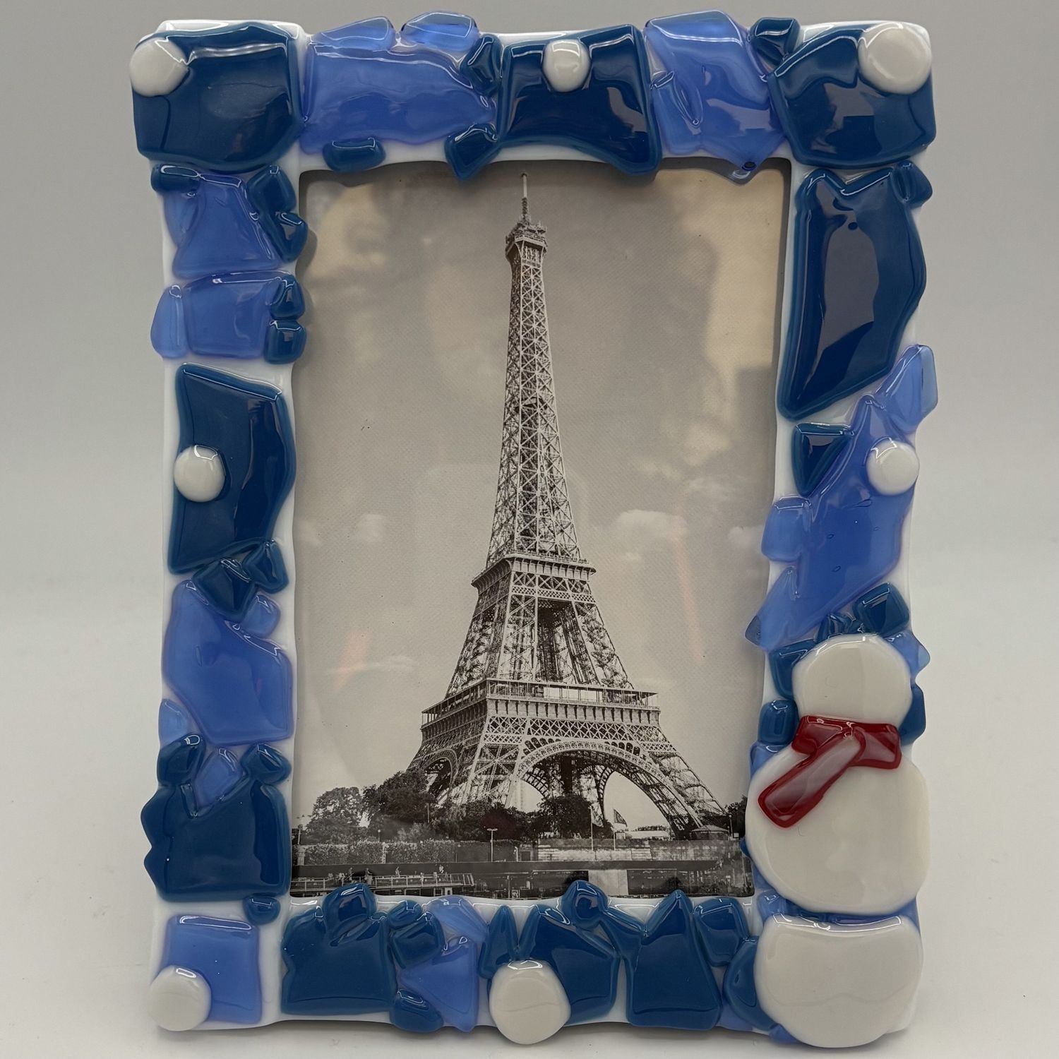 Jordan Satterfield, Fused Glass Frame, Snowman on Blue