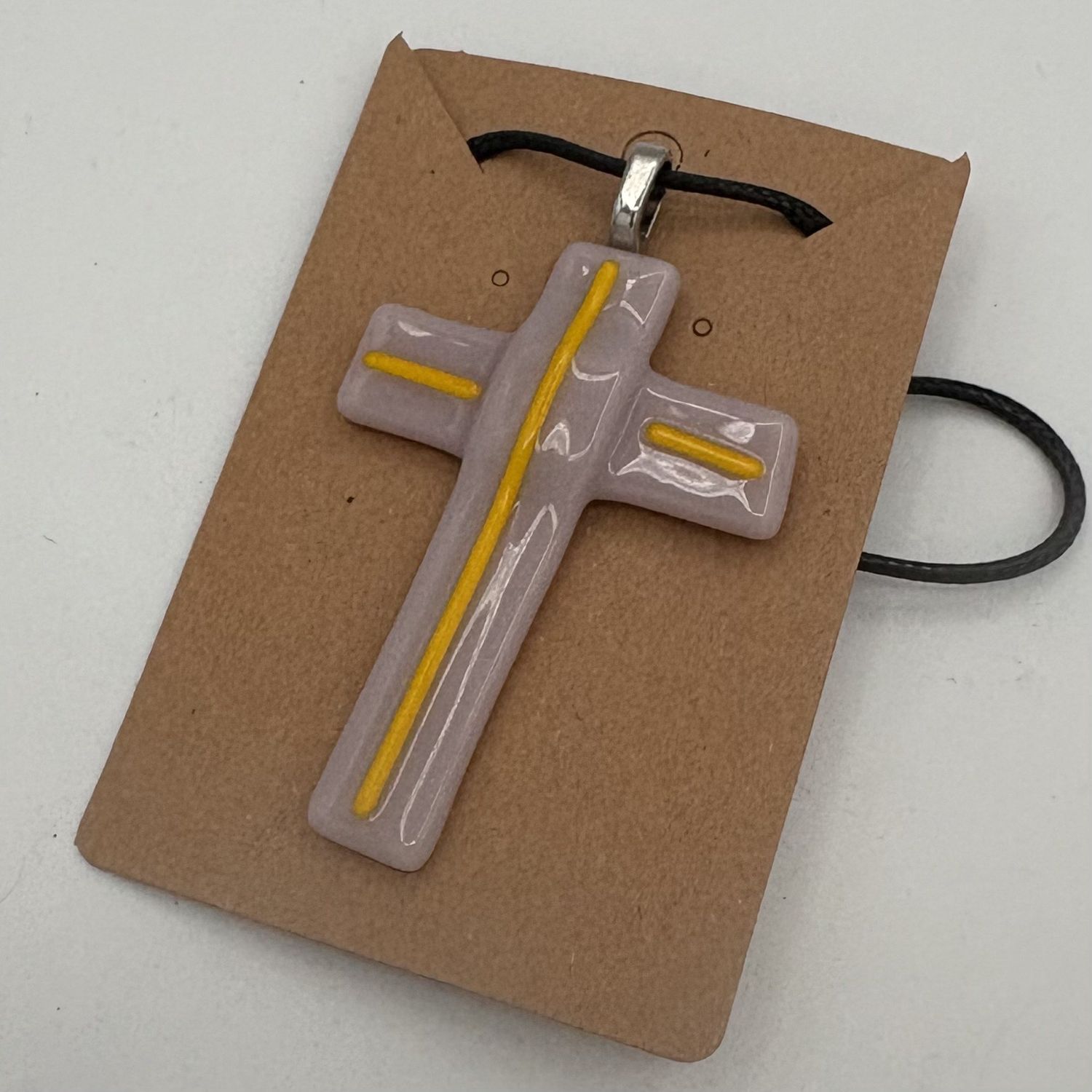 Breanna Allmandinger, Fused Glass Pendant, Purple and Yellow Cross