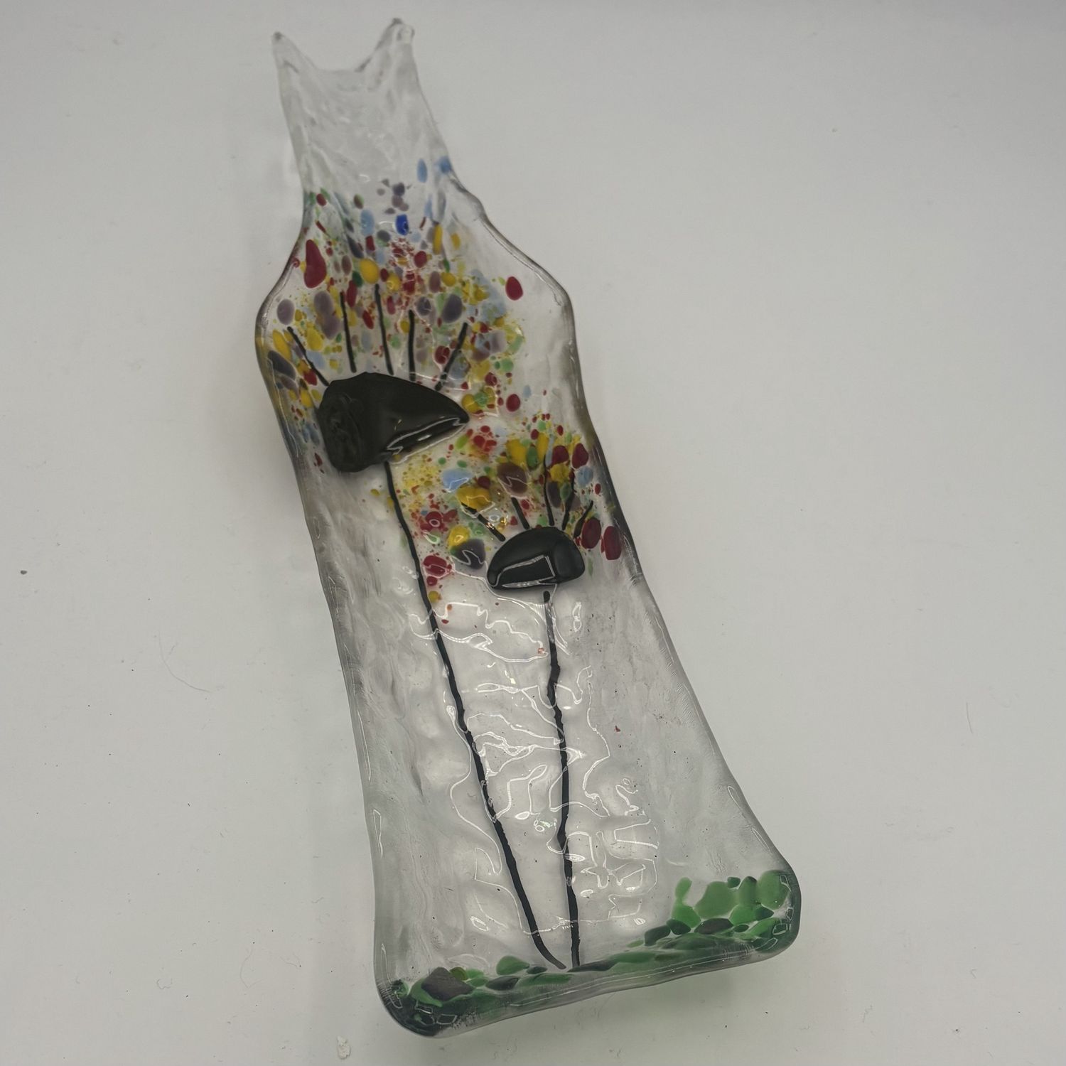 Mark Hodge, Fused Glass Dish, Colorful Design with Black Shapes