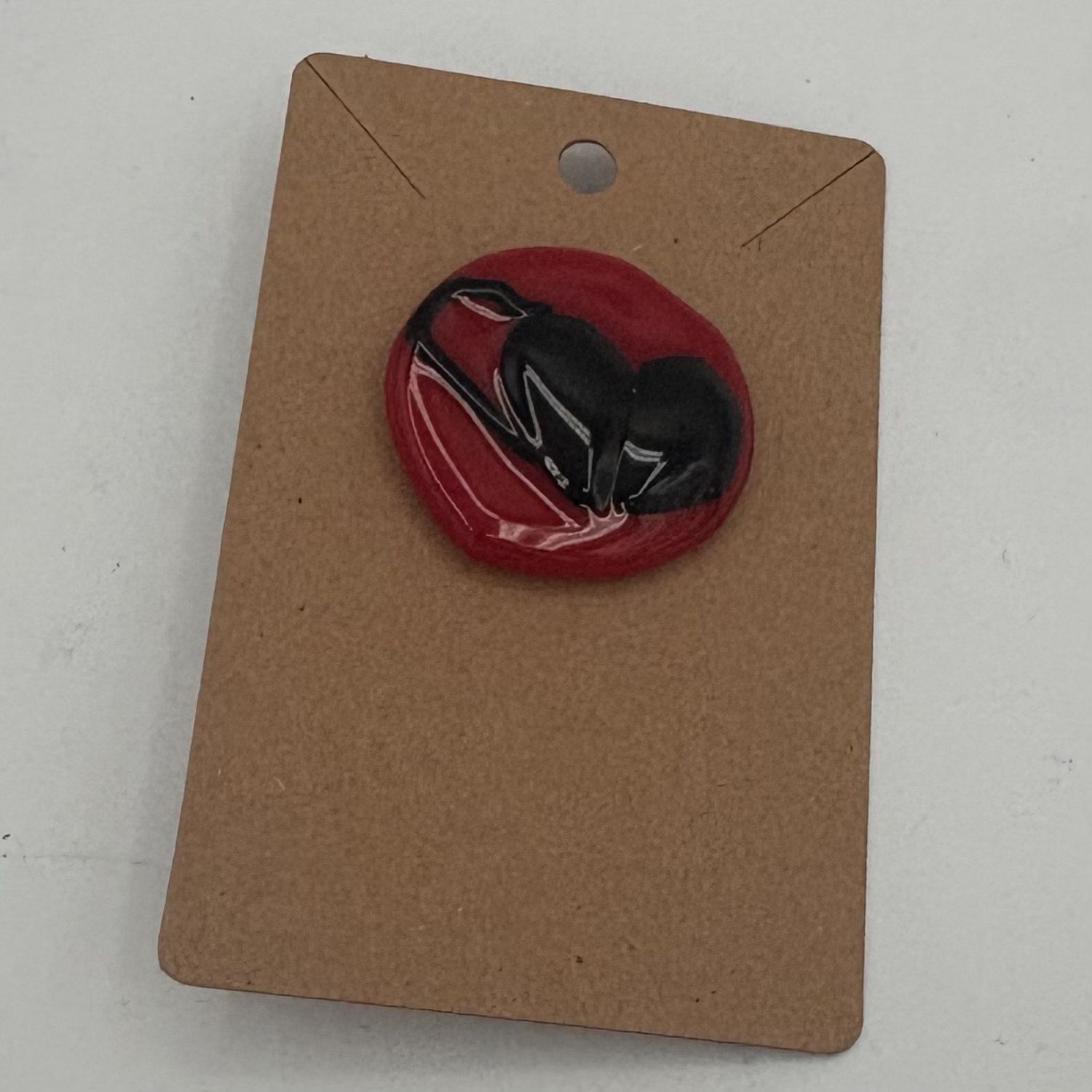 Melissa Powell, Fused Glass Pin, Black Heart on Red 2