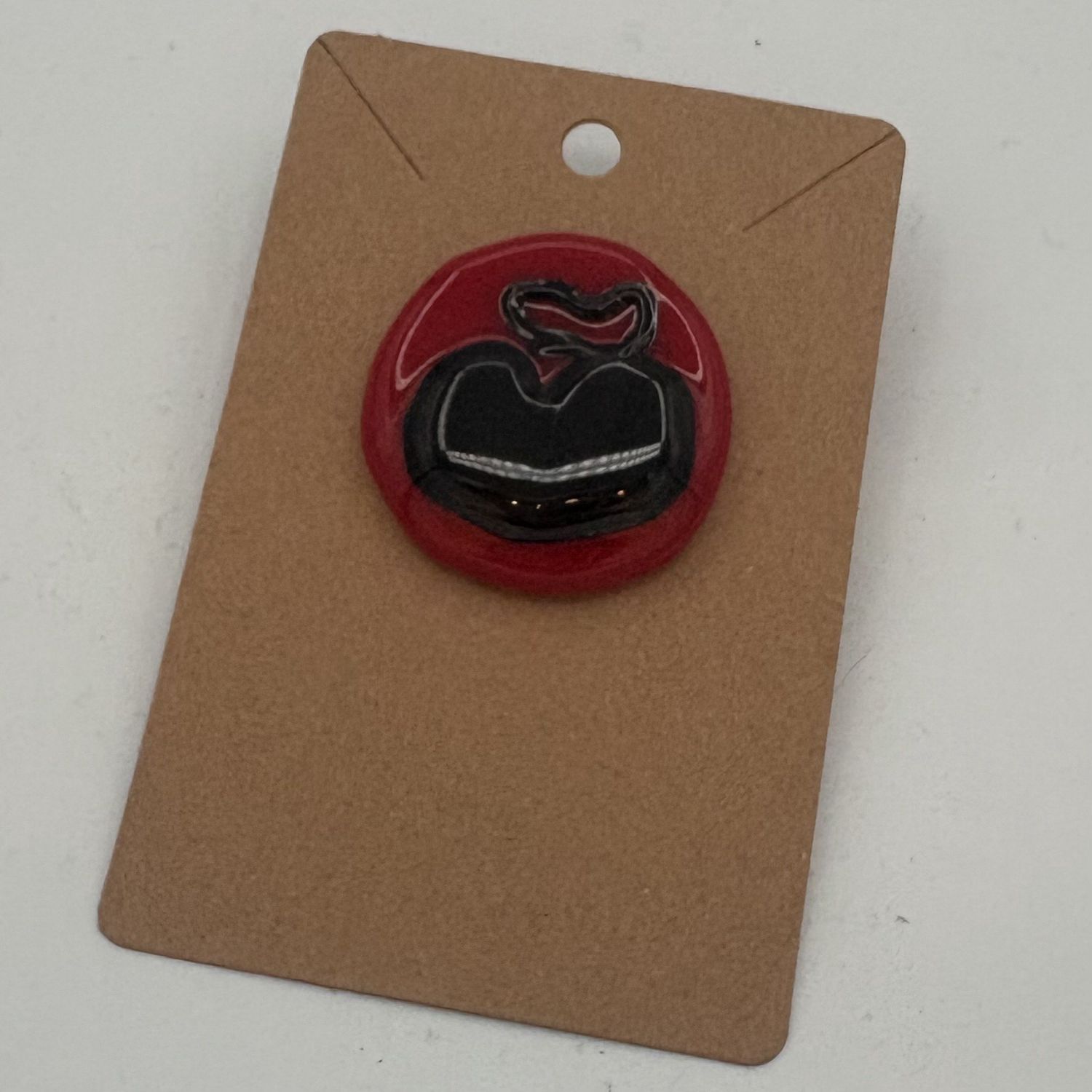 Melissa Powell, Fused Glass Pin, Black Heart on Red 1
