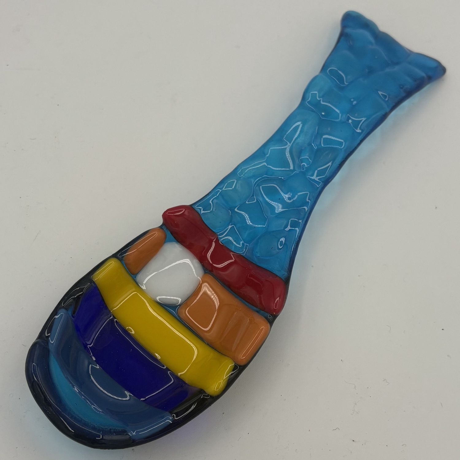 Mike Meehan, Fused Glass Spoon Rest, Rainbow Lines on Blue