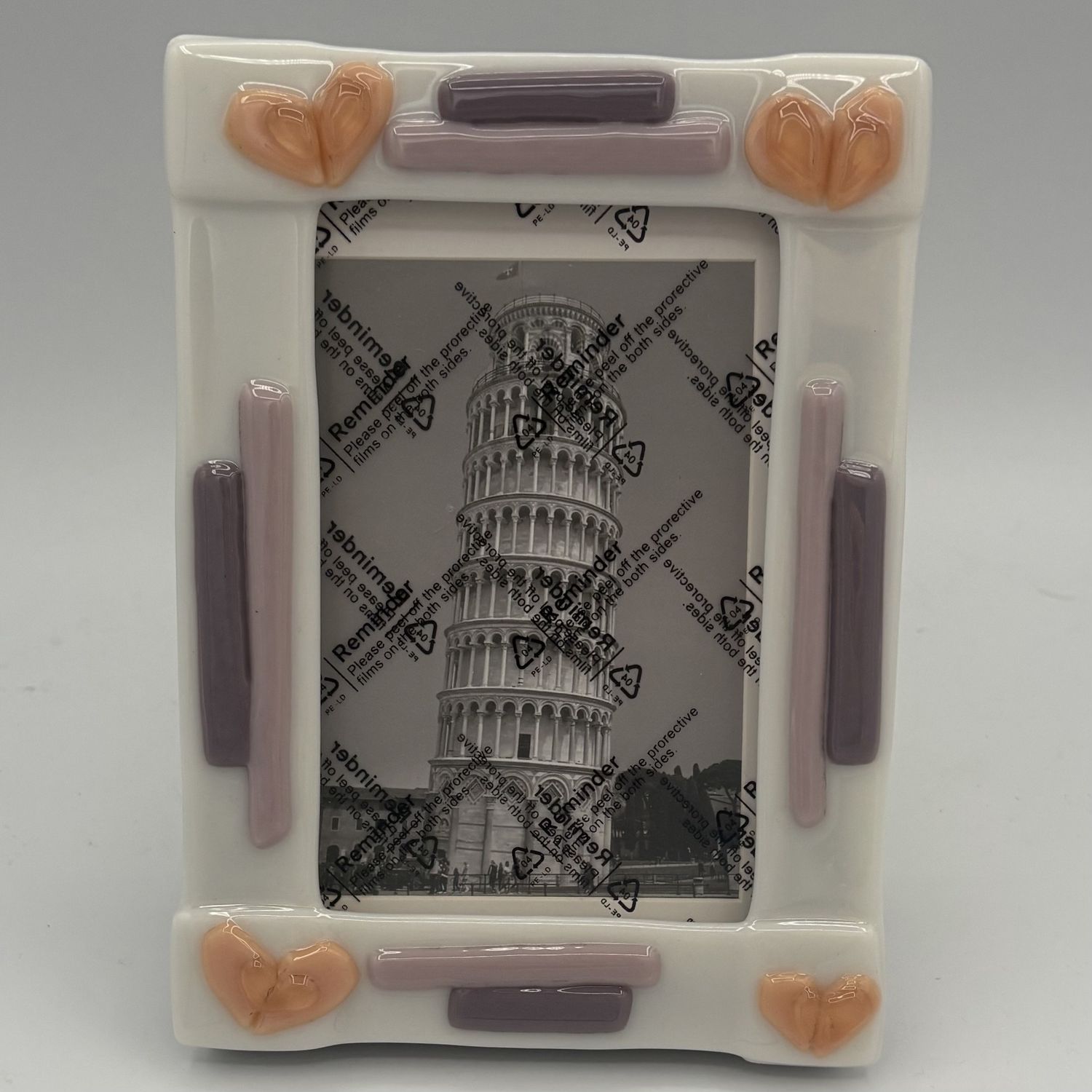 Amy Thompson, Fused Glass Frame, Pink Hearts and Purple Lines