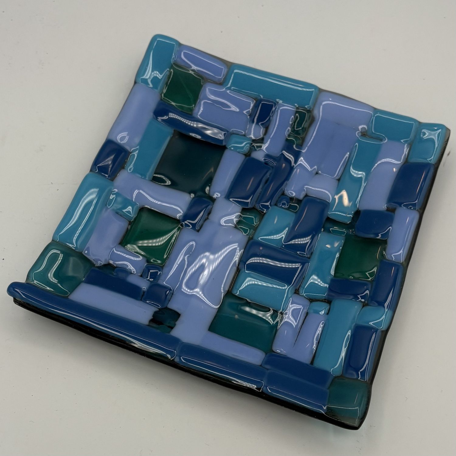 Mark Hodge, Fused Glass Dish, Multi-Shade Blue Rectangles