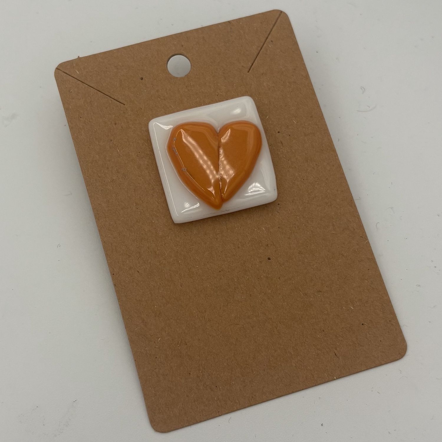 Breanna Allmandinger, Fused Glass Pin, Orange Heart