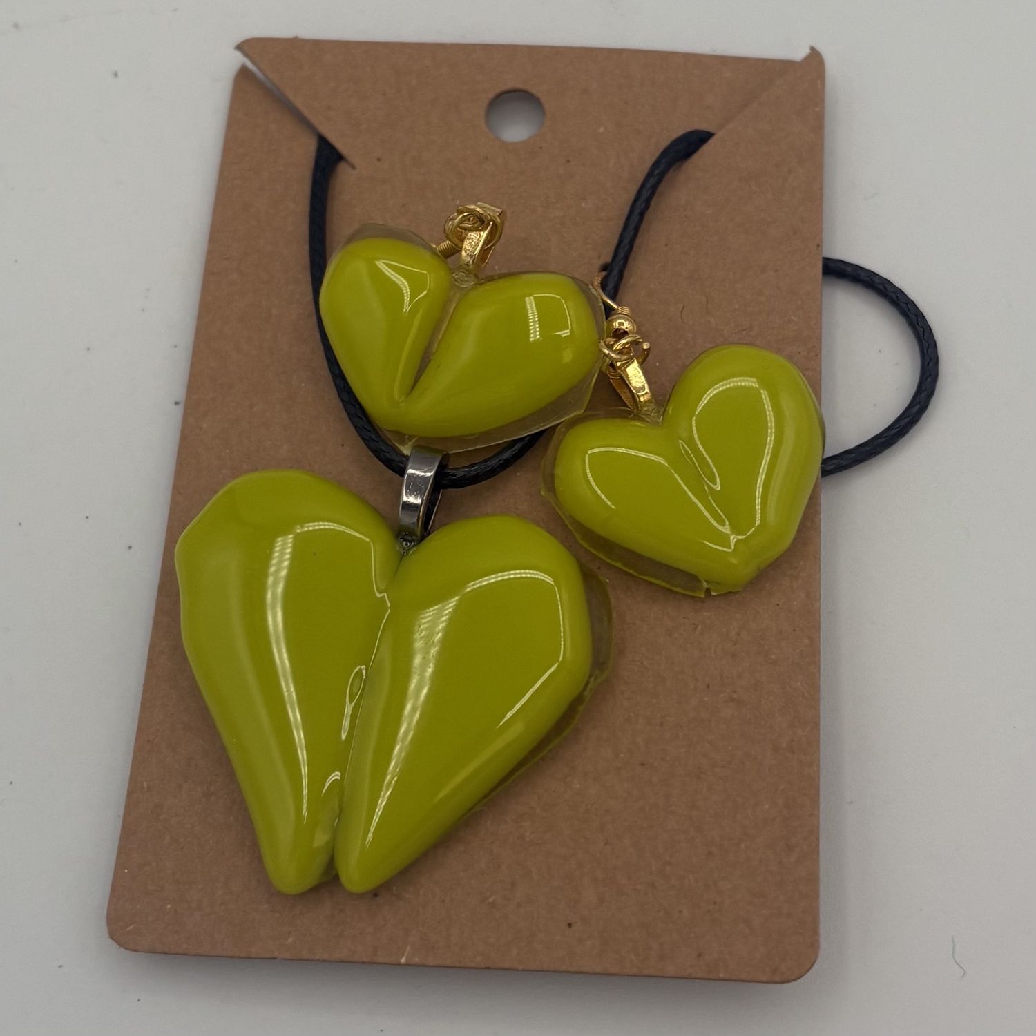 Kara Burgdorf, Fused Glass Jewelry Set, Green Hearts