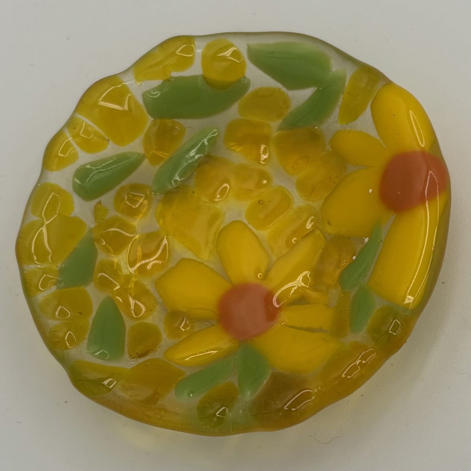 Mark Hodge, Fused Glass Ring Dish, Yellow Flowers