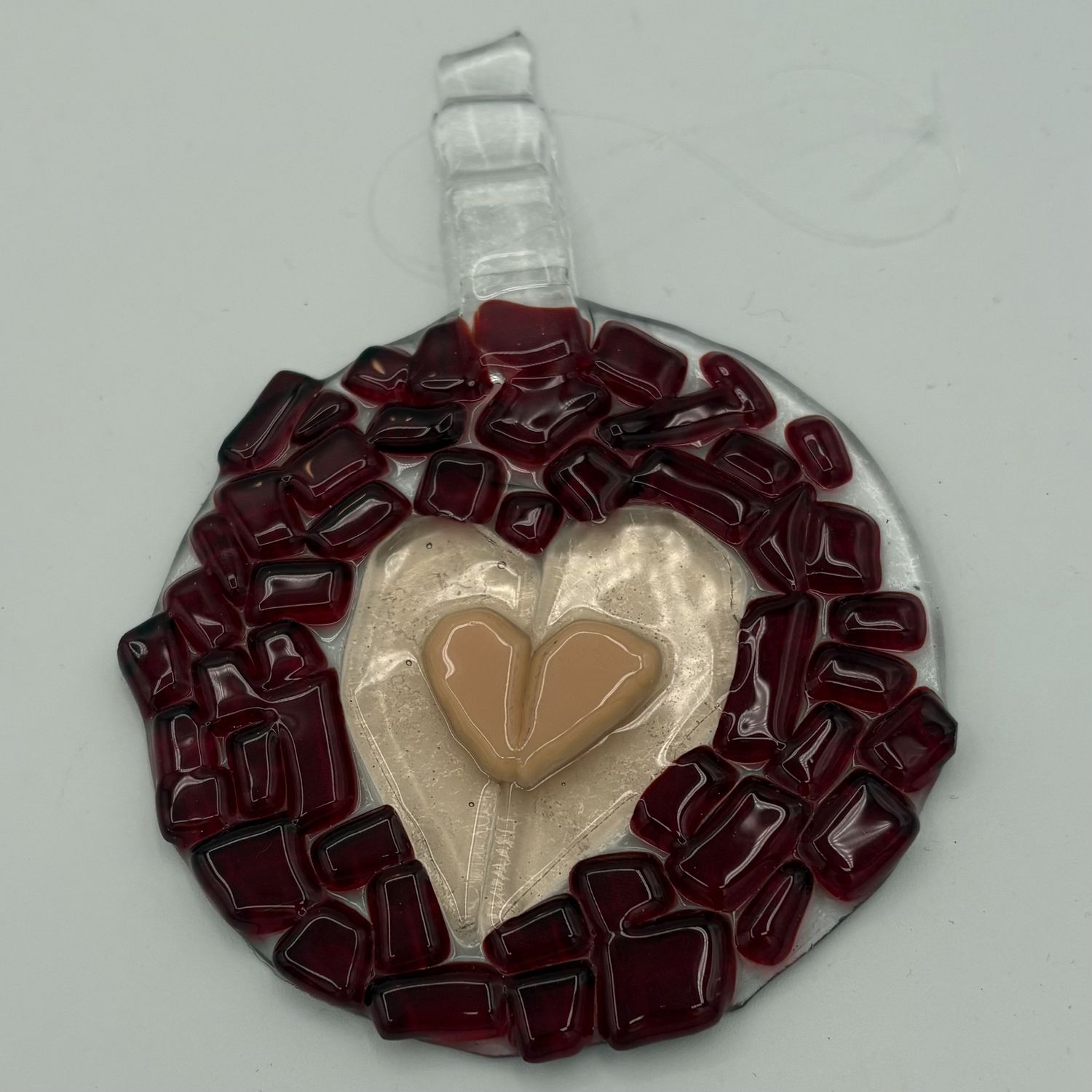 Mary Phifer, Fused Glass Suncatcher, Pink Heart on Red