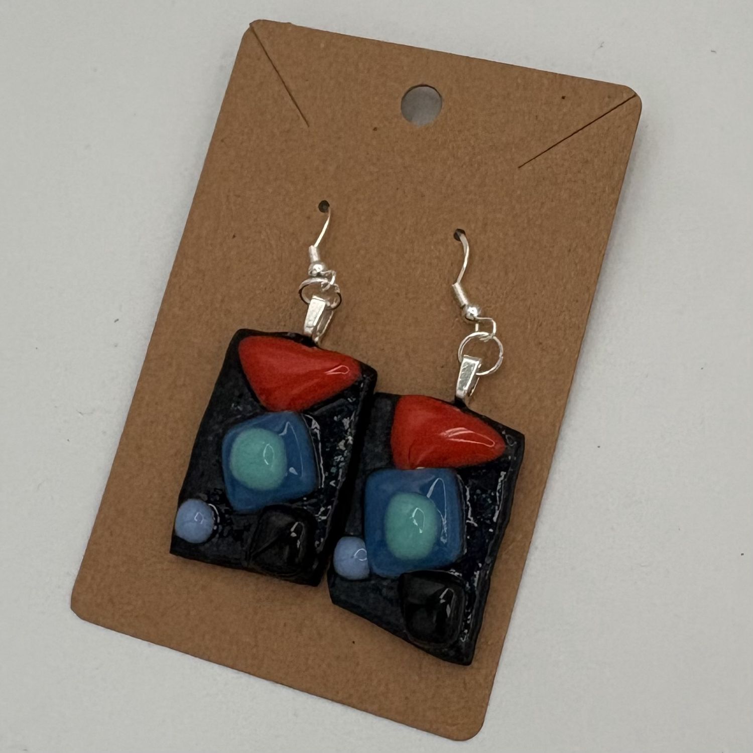 Alphonso Rowe, Fused Glass Earrings, Orange and Blue Abstract Design