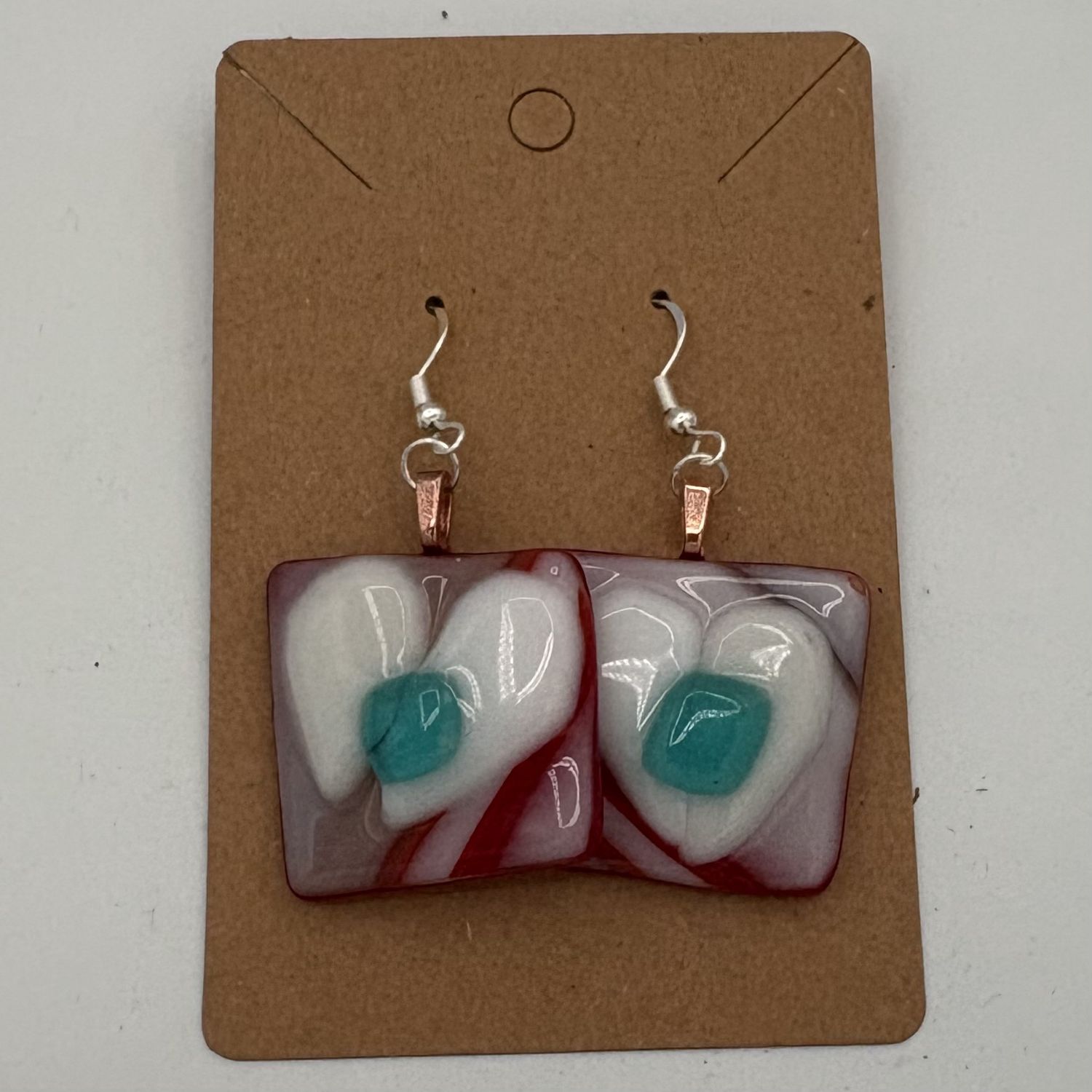 Alphonso Rowe, Fused Glass Earrings, White and Teal Hearts