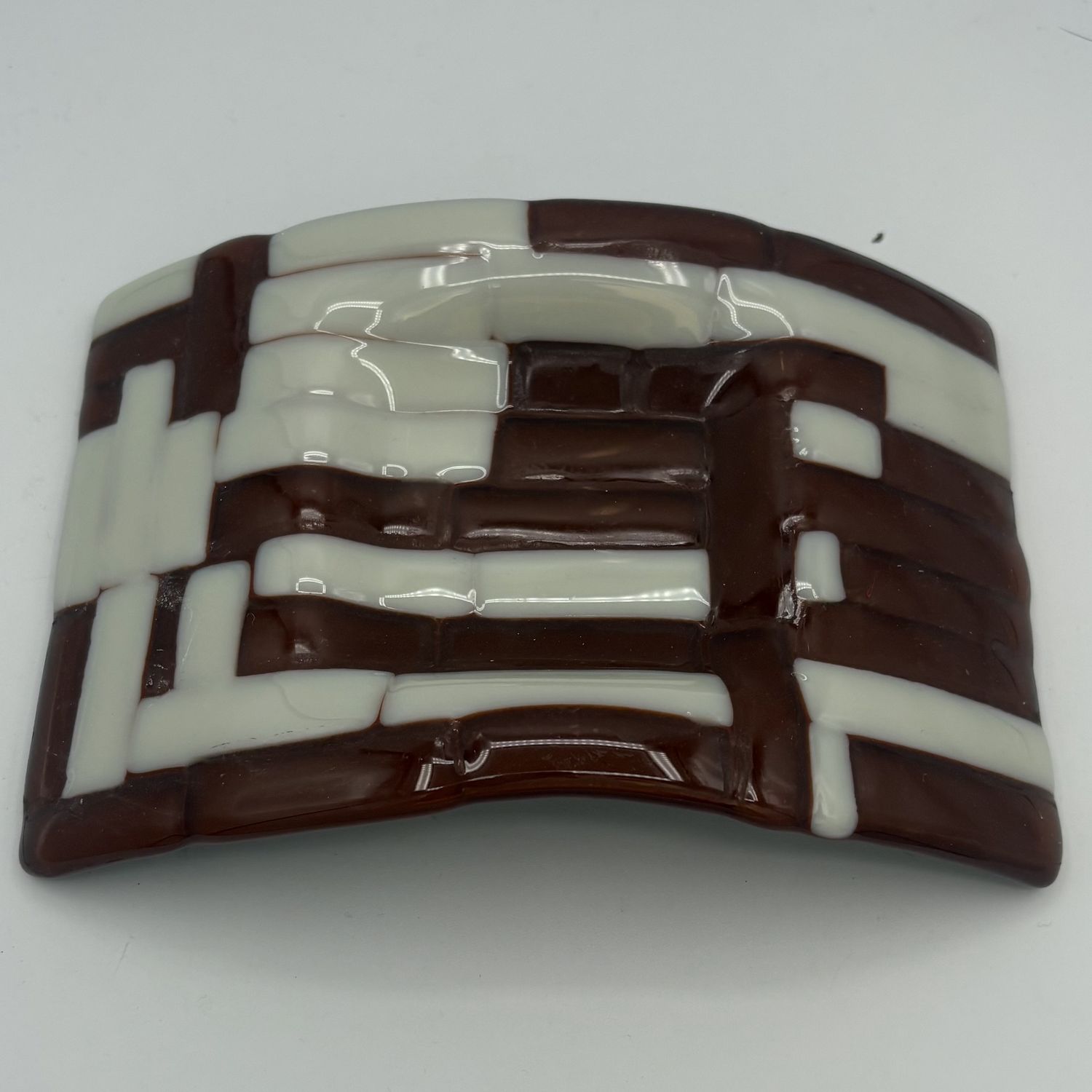 Mike Meehan, Fused Glass Dish, Brown and White Striped Arch