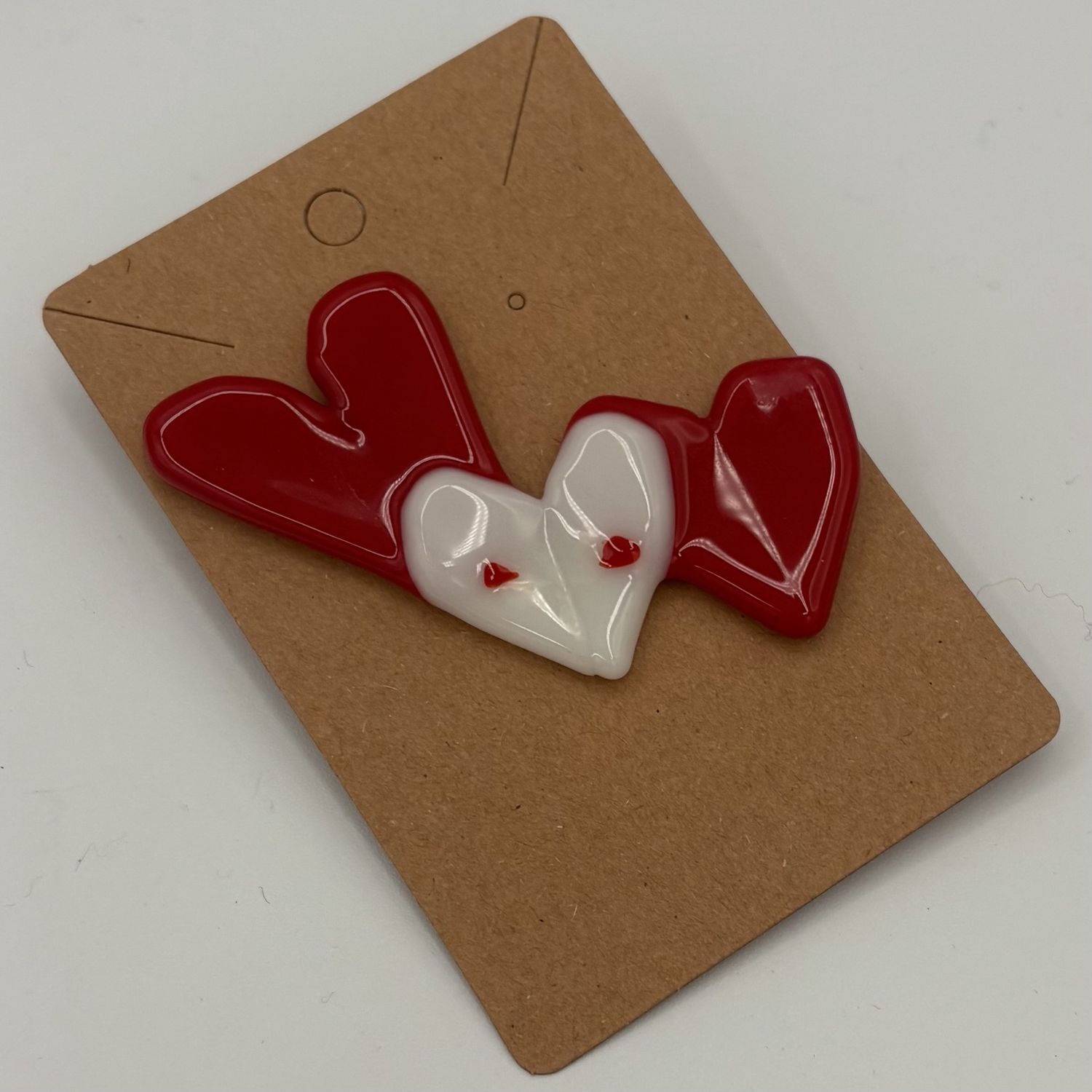 Kara Burgdorf, Fused Glass Pin, Red and White Hearts