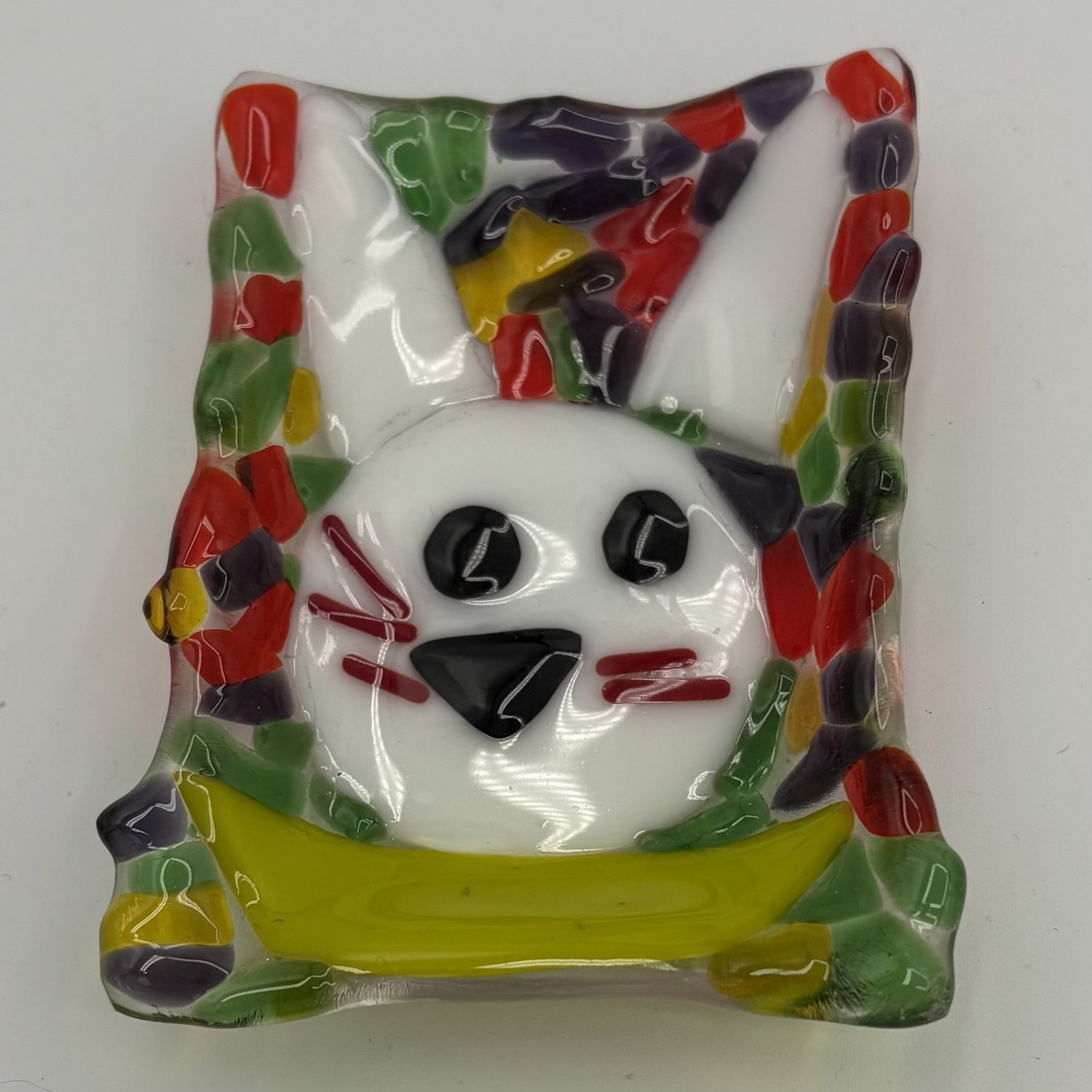 Rebecca Reed, Fused Glass Ring Dish, Pink and White Heart on Yellow