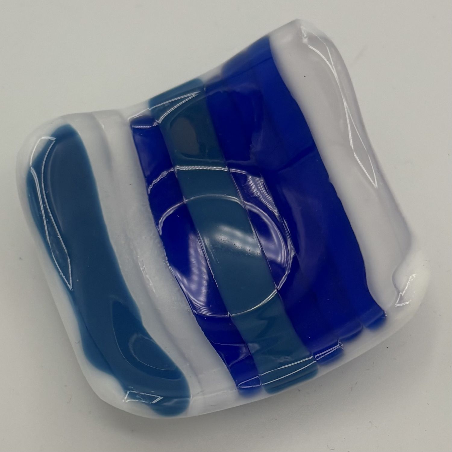 Alphonso Rowe, Fused Glass Ring Dish, Blue and White Stripes