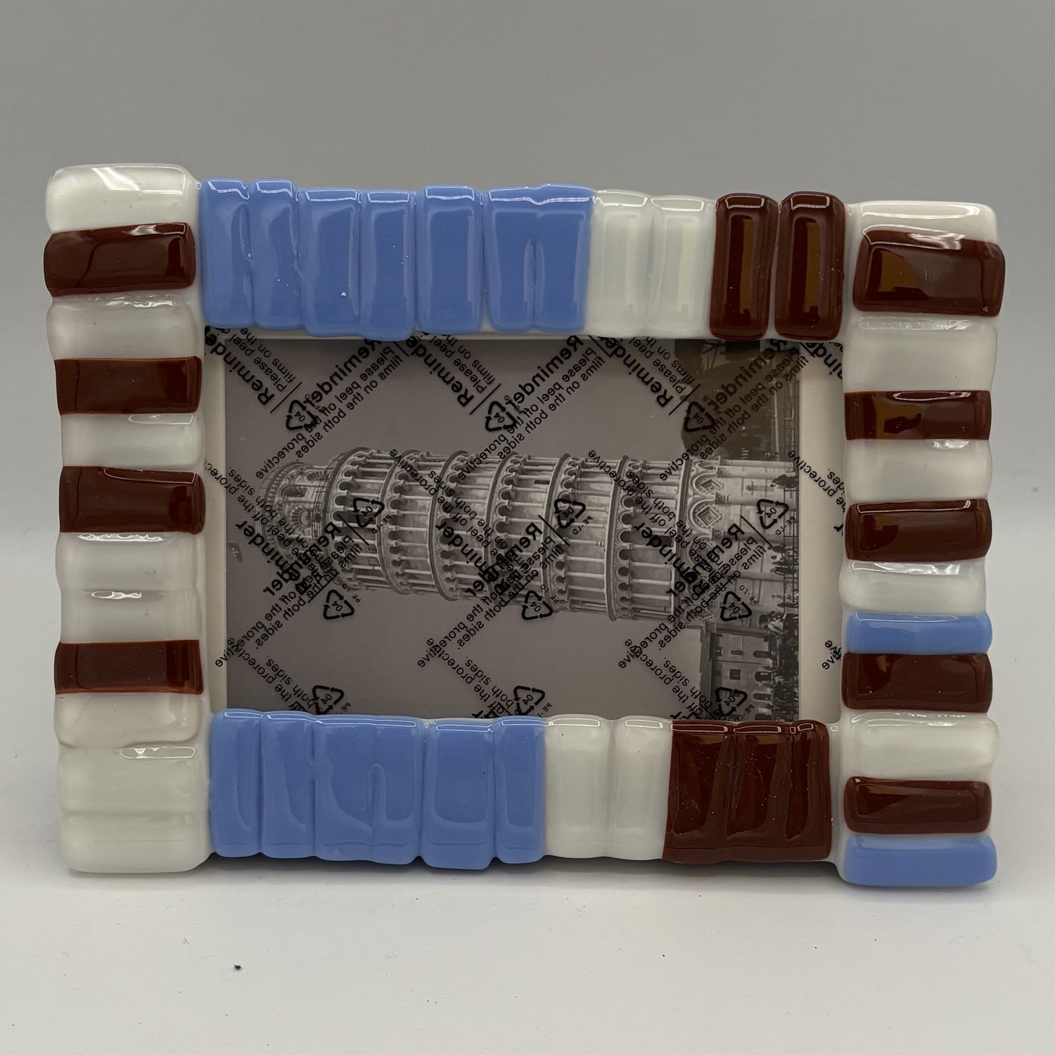 Jackson Scudder, Fused Glass Frame, Blue, Brown and White Design