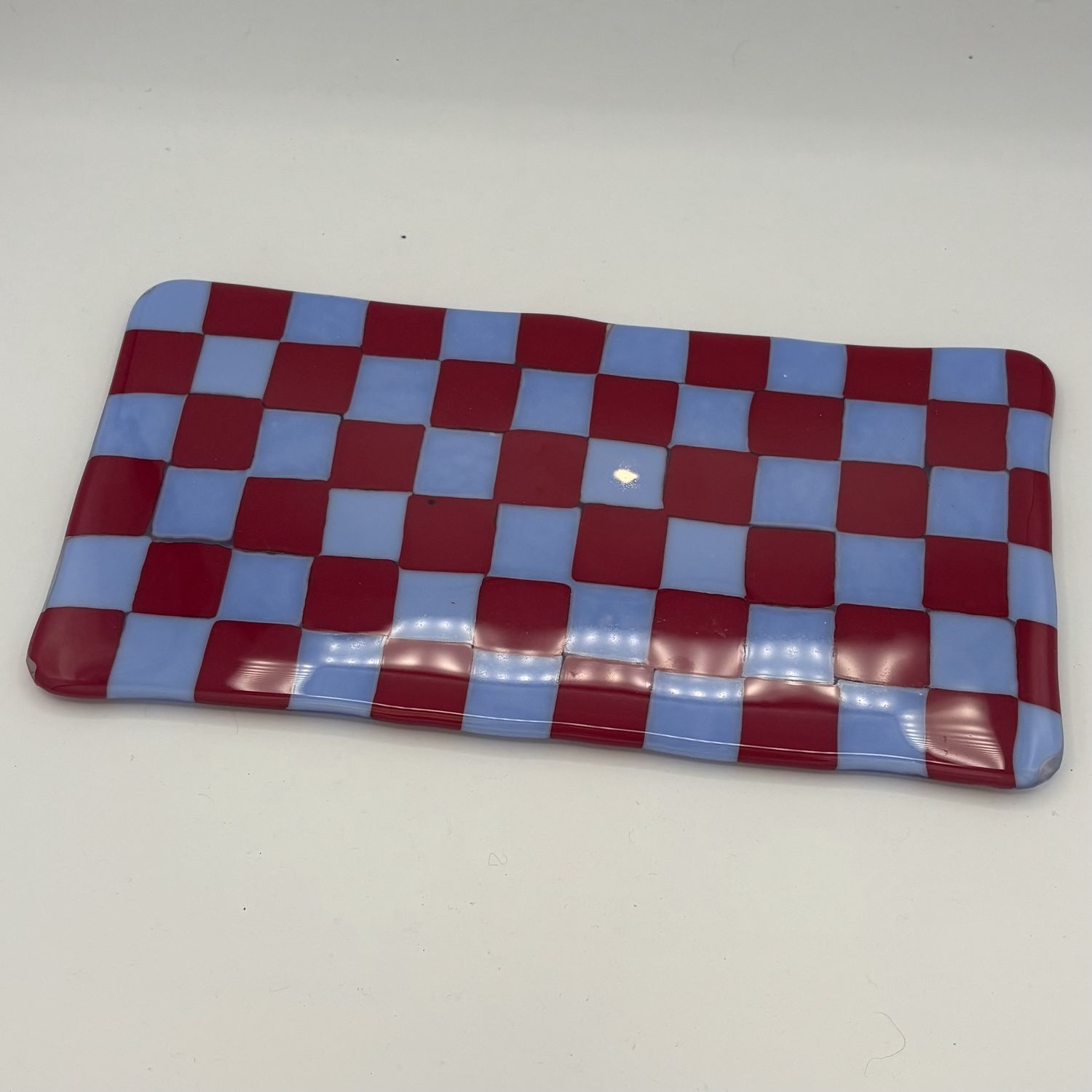 Kara Burgdorf, Fused Glass Cheese Tray, Red and Blue Checkerboard