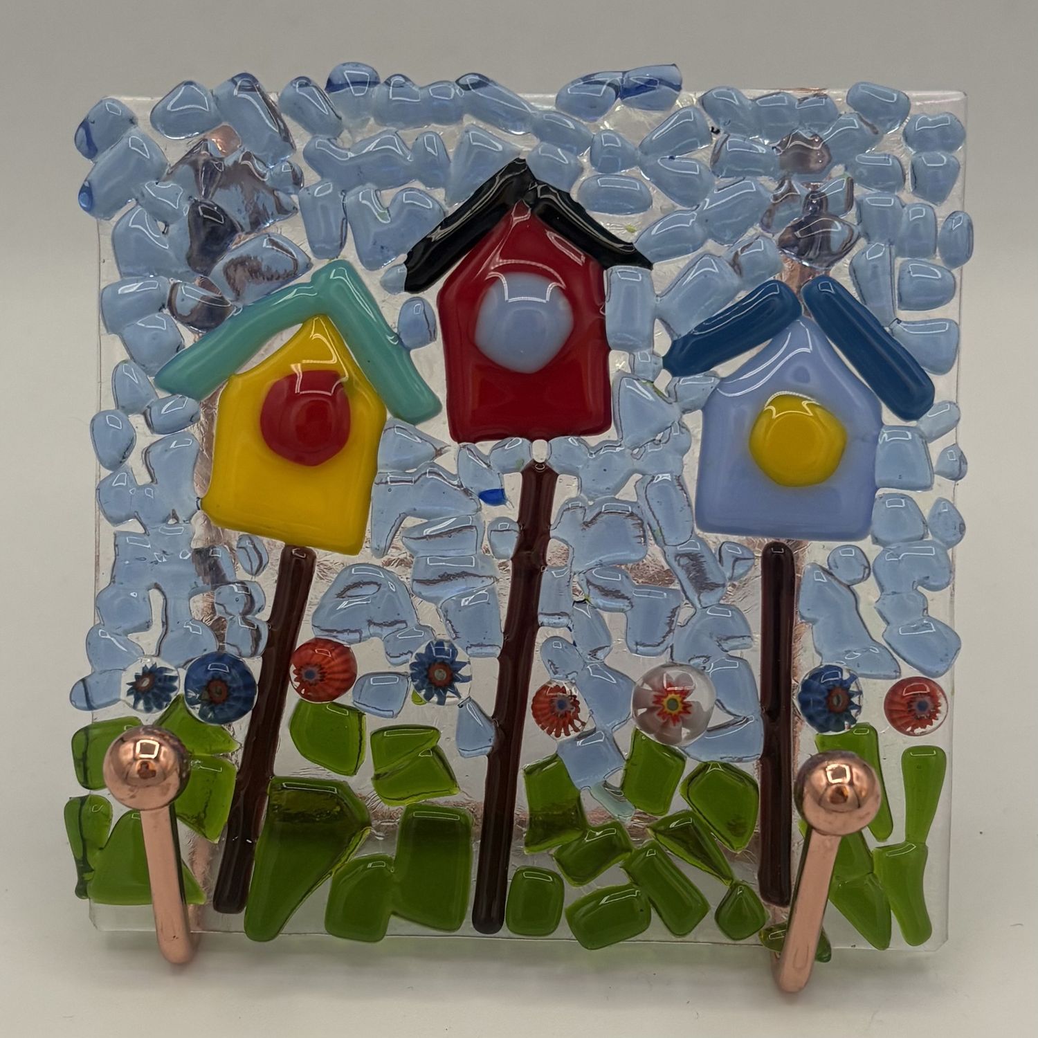 Alaina Weeks, Fused Glass Stand Piece, Colorful Bird Houses