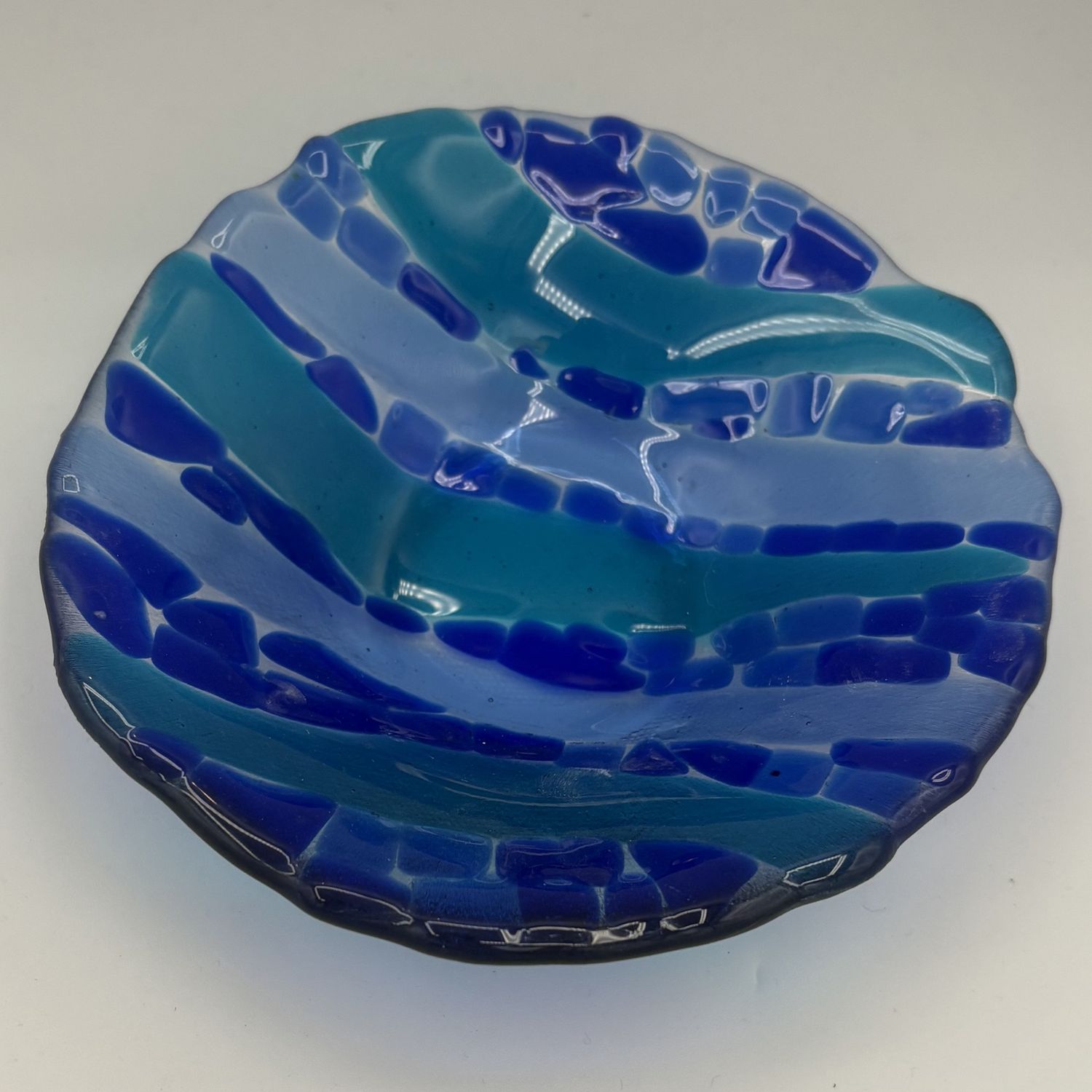 Sarah Brown, Fused Glass Bowl, Blue Chunks and Stripes