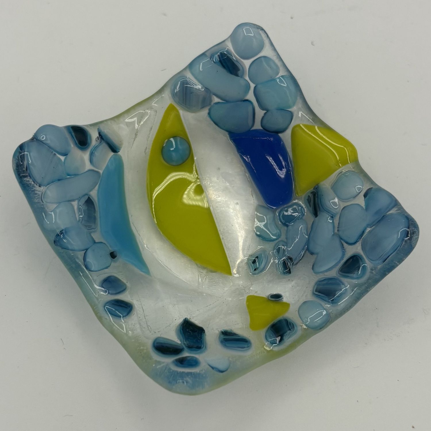 Alaina Weeks, Fused Glass Ring Dish, Green and Blue Shapes
