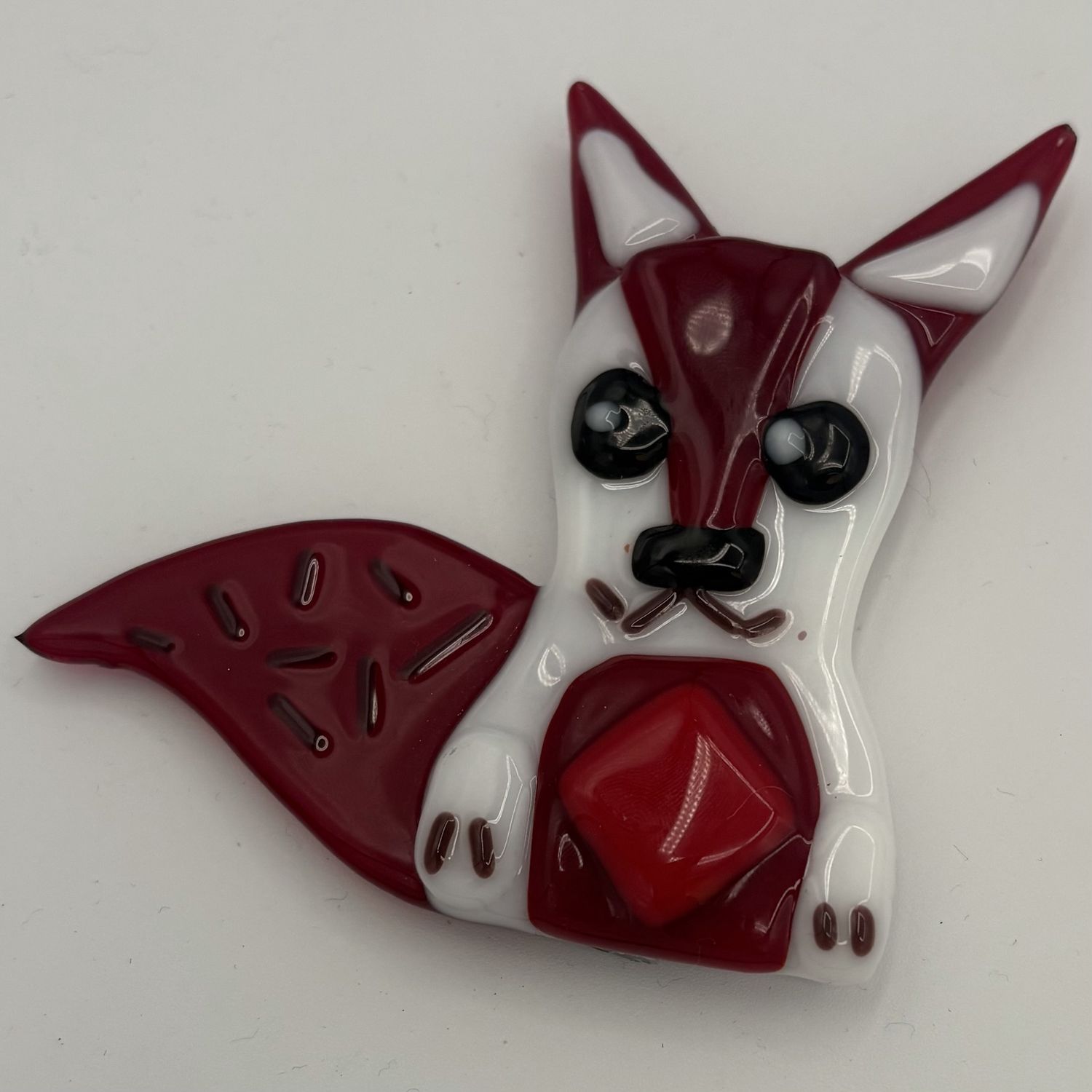 Duane Sparks, Fused Glass Magnet, Red and White Squirrel