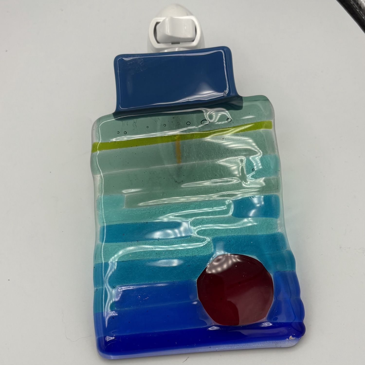 Jody Mann, Fused Glass Nightlight, Cool-Toned Rectangles and Red Circle