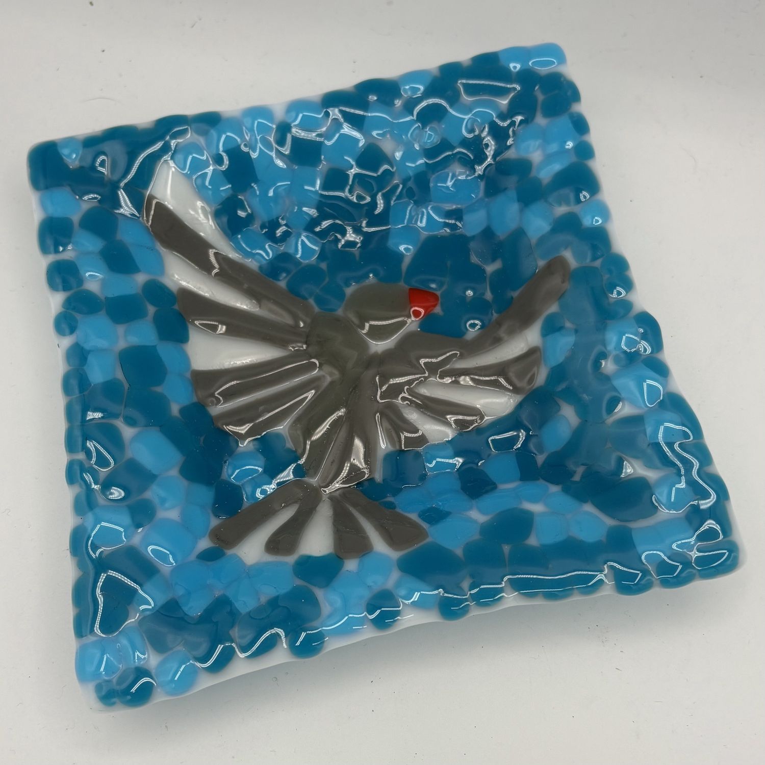 Nathan Strother, Fused Glass Dish, Grey and White Bird