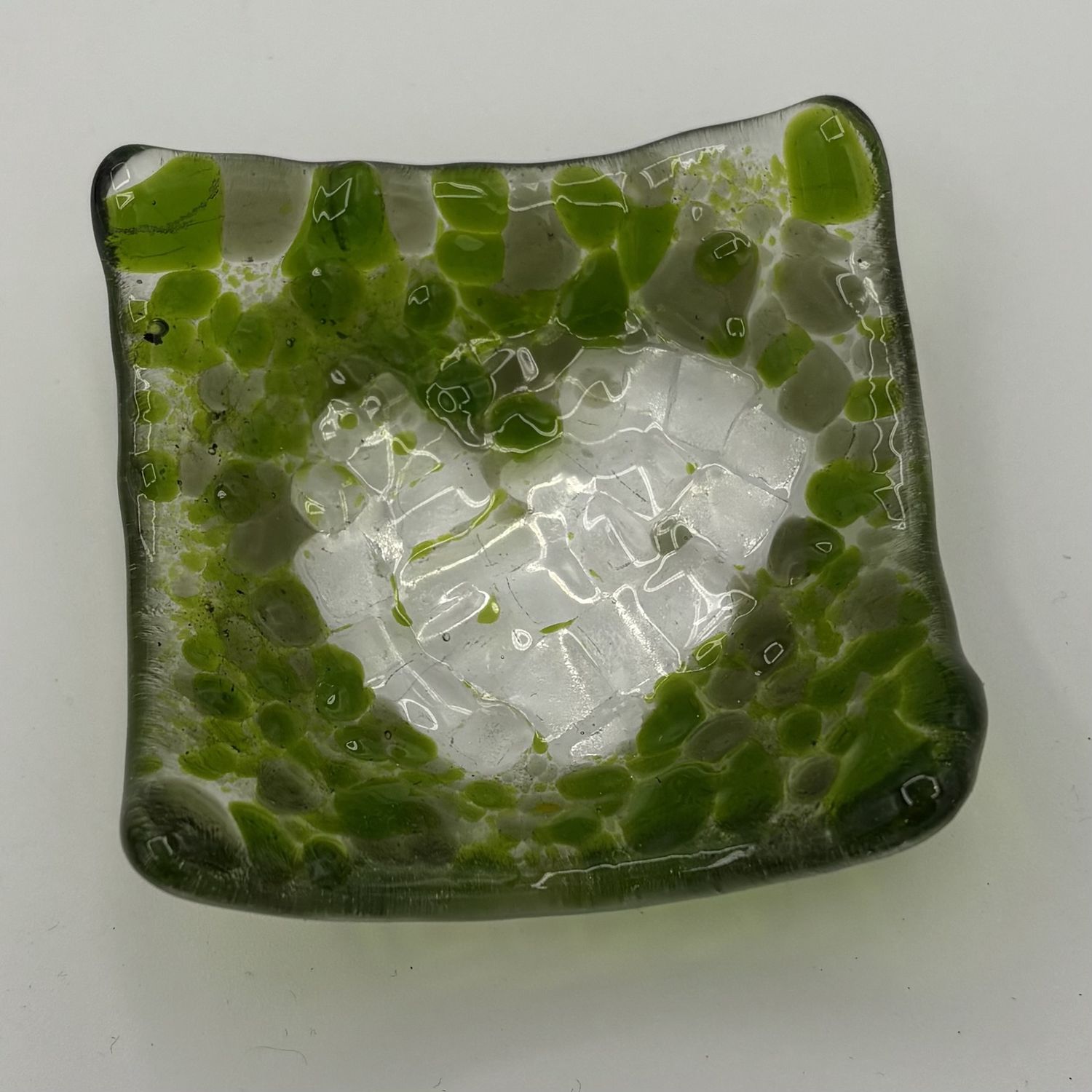 Melissa Powell, Fused Glass Ring Dish, Green and Grey Chunks