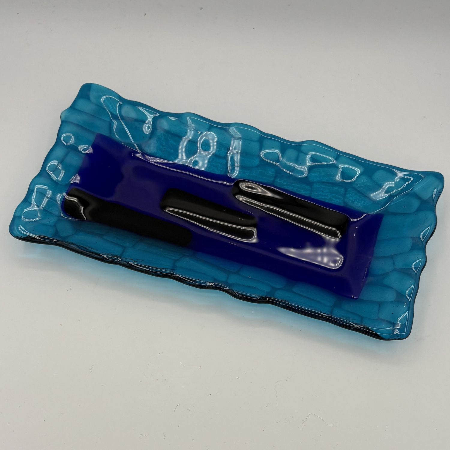 Duane Sparks, Fused Glass Dish, Blue and Black Design