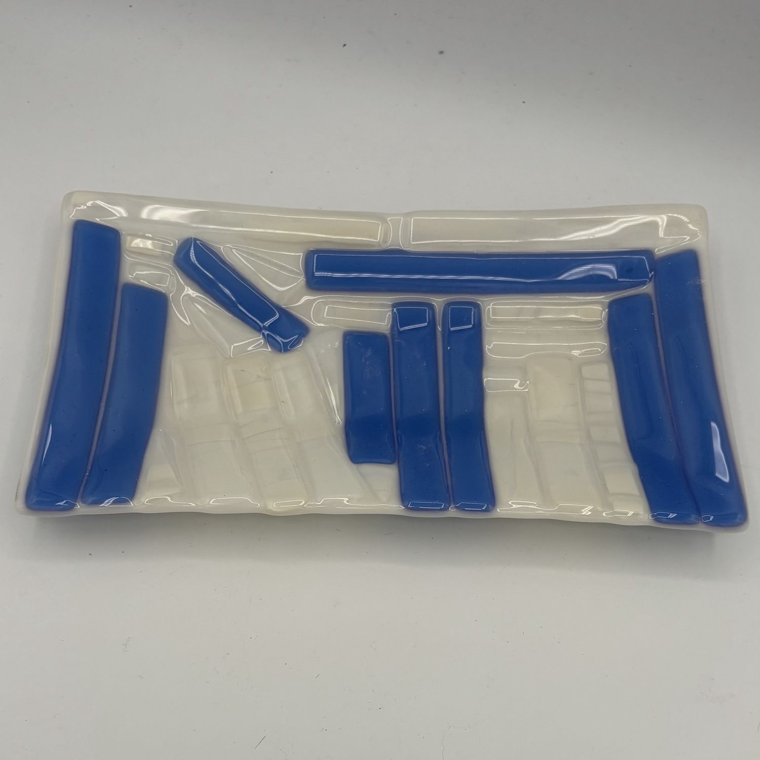 Tim Reynolds, Fused Glass Dish, Blue Rectangles on White