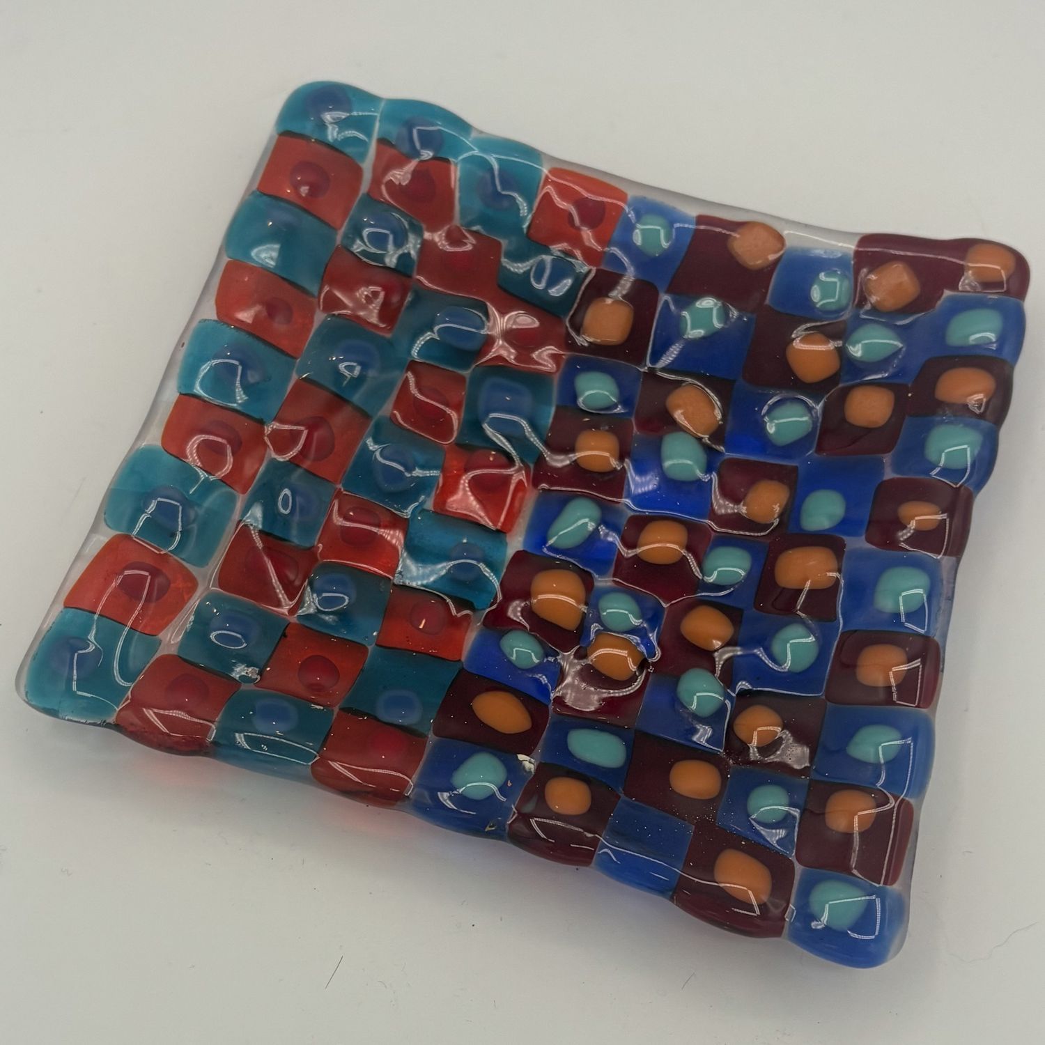 Jody Mann, Fused Glass Dish, Colorful Squares and Dots