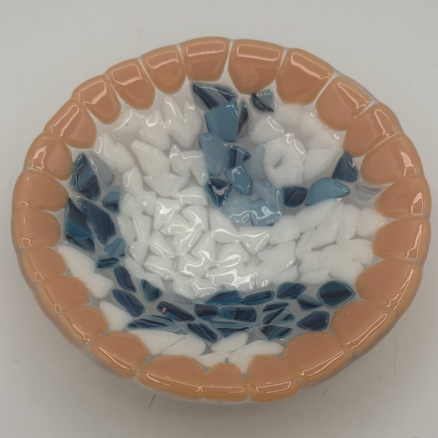 Kathryn Feldmann, Fused Glass Bowl, Pink, White and Blue Design