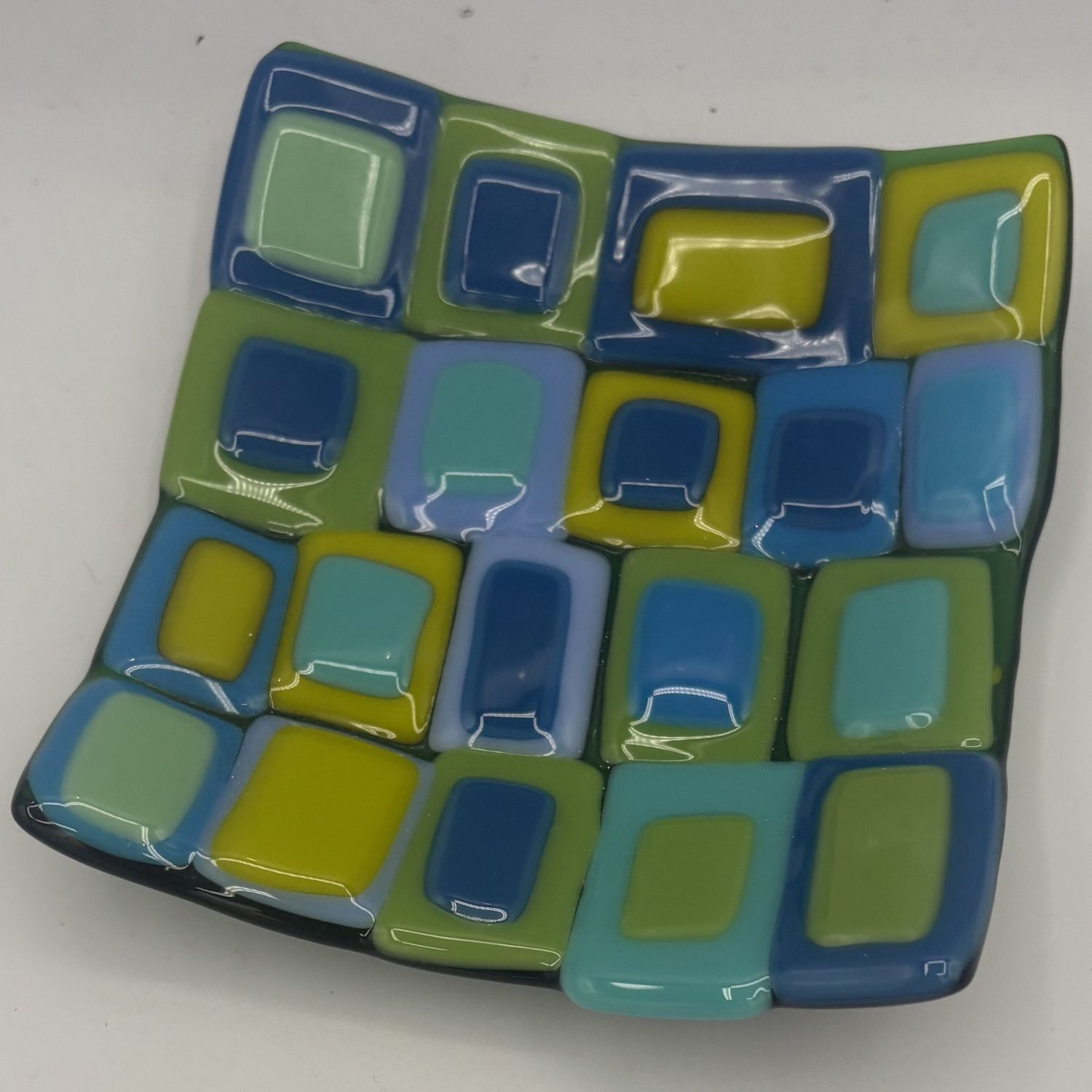 Jessica Bays, Fused Glass Dish, Green and Blue Squares