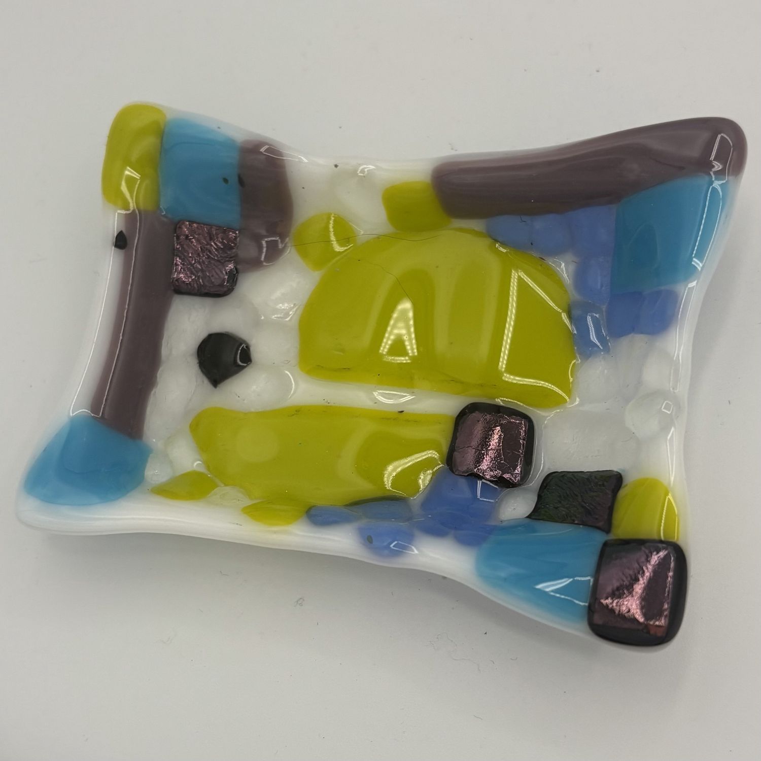 Alphonso Rowe, Fused Glass Soap Dish, Green, Blue and Purple Abstract Design