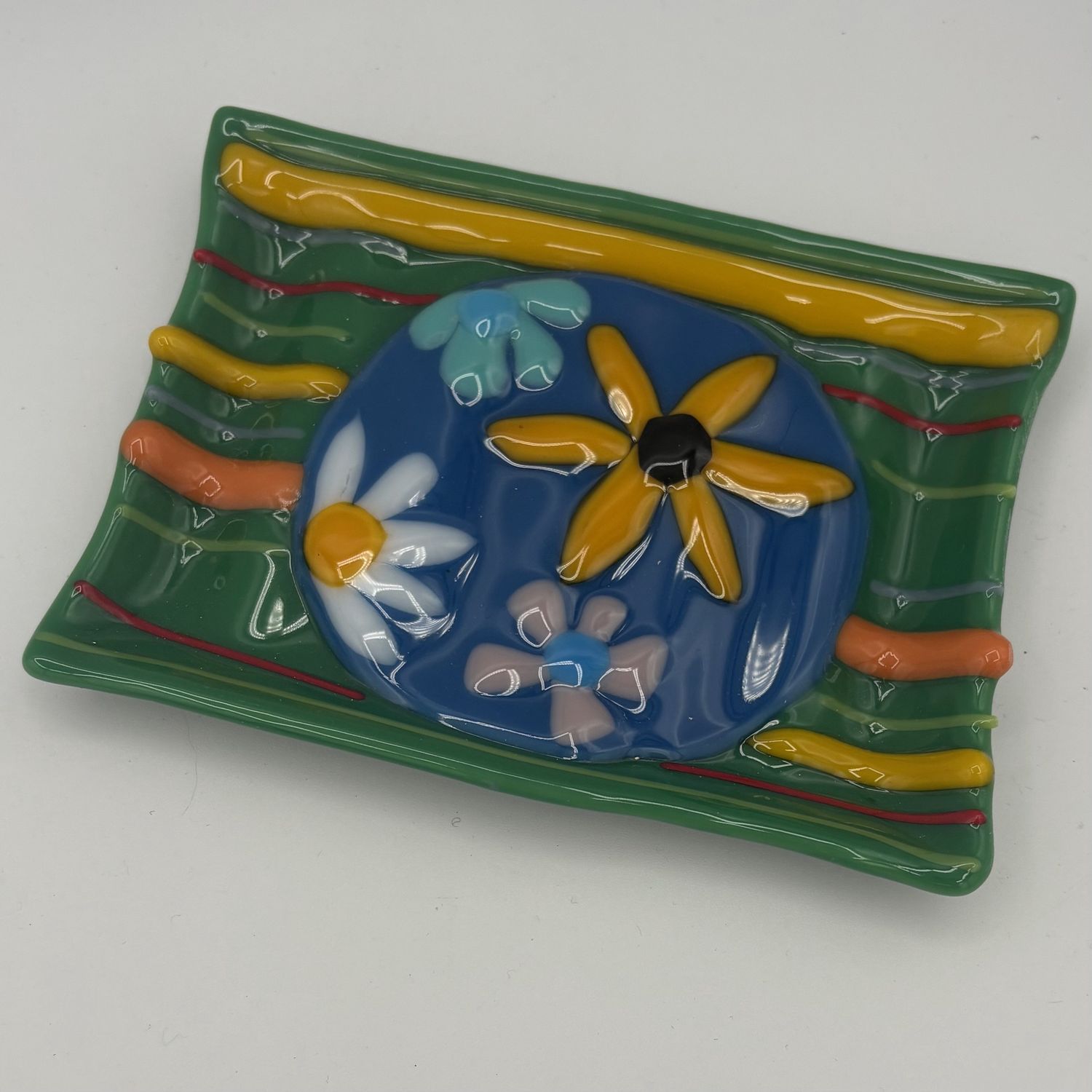 Jody Mann, Fused Glass Dish, Flowers on Colorful Background