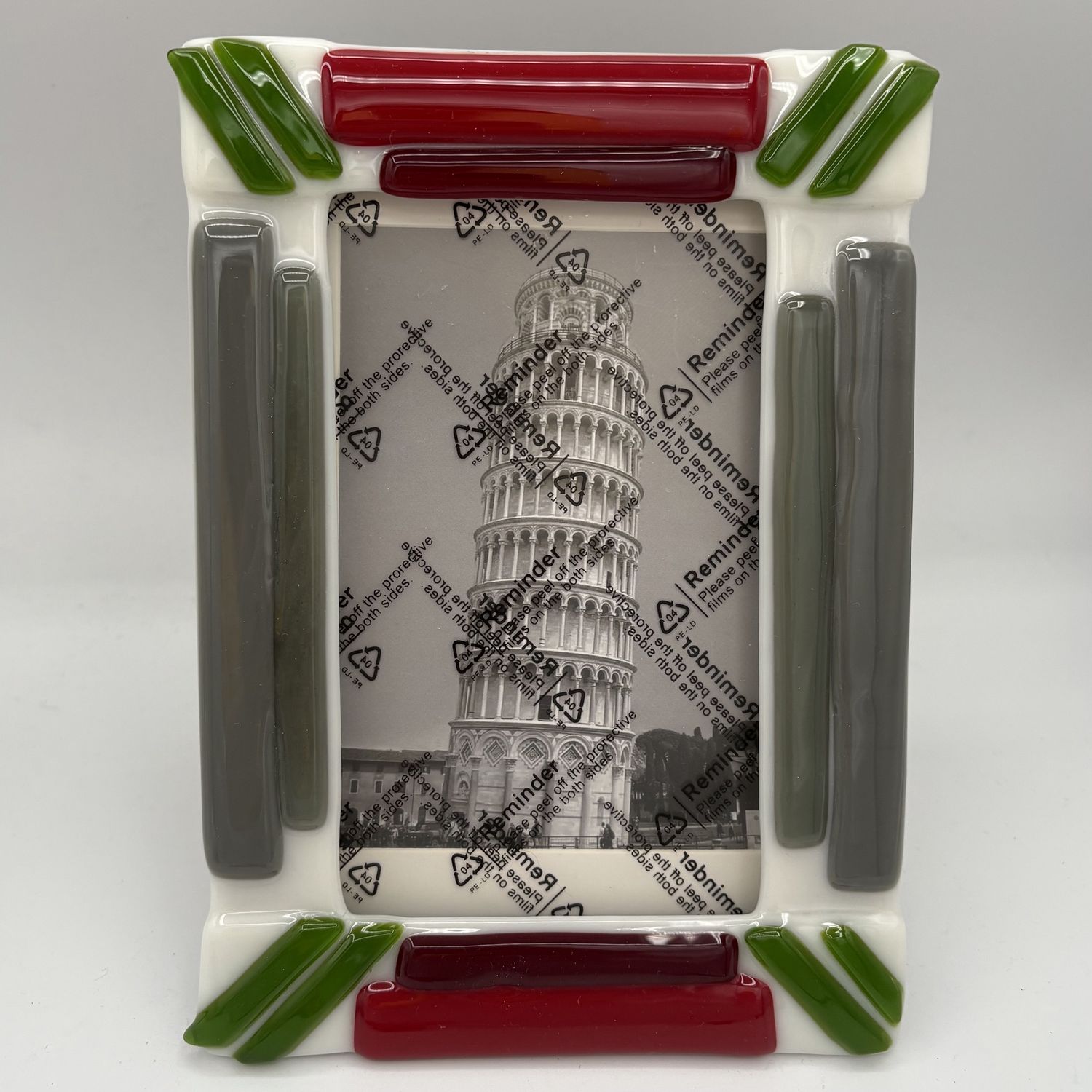 Lori Lefferts, Fused Glass Frame, Red, Green and Grey Design