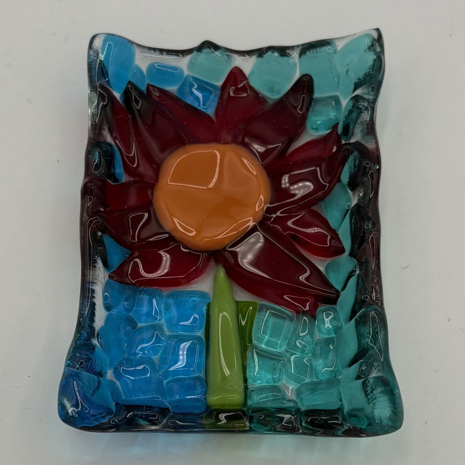 Annie Baxter, Fused Glass Soap Dish, Red and Orange Flower