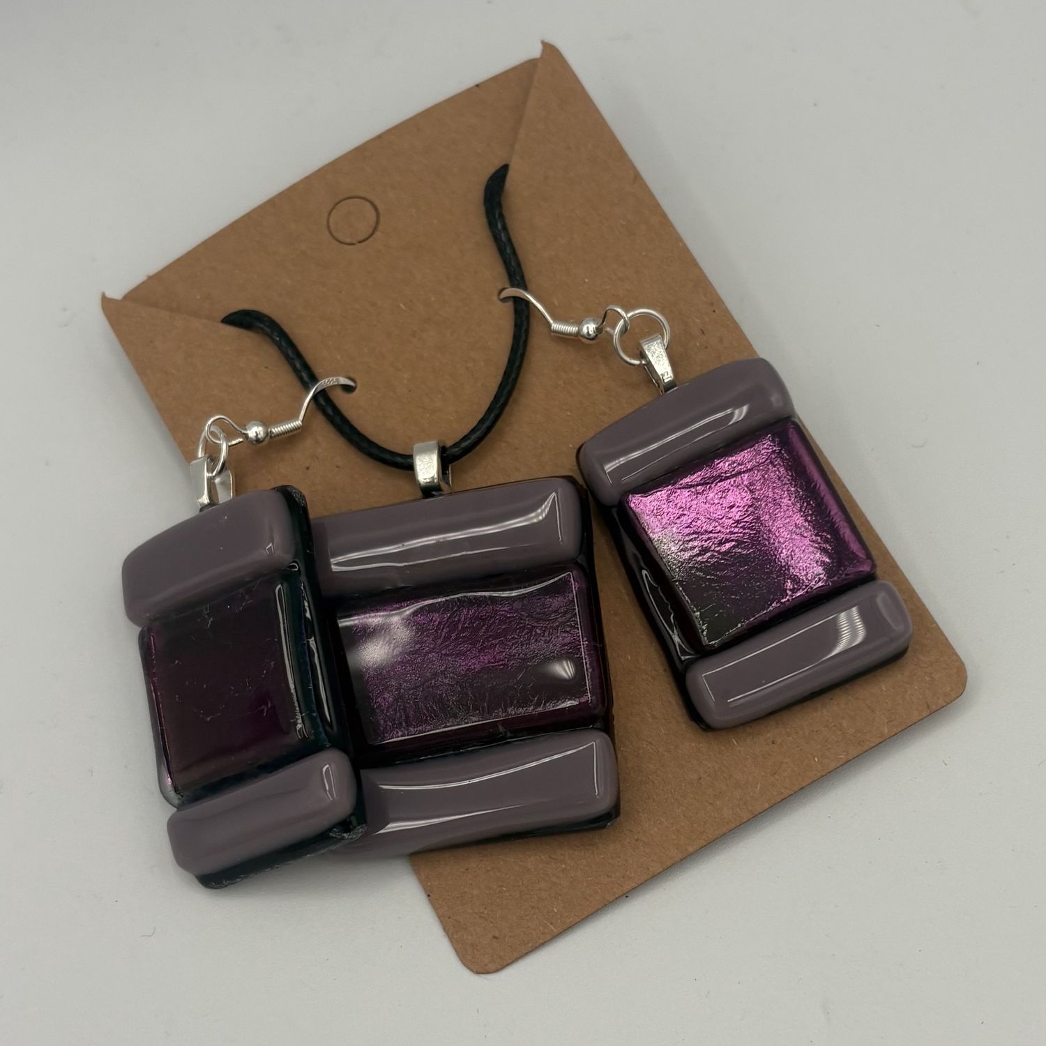 Amy Thompson, Fused Glass Jewelry Set, Multi-Shade Purple Rectangles