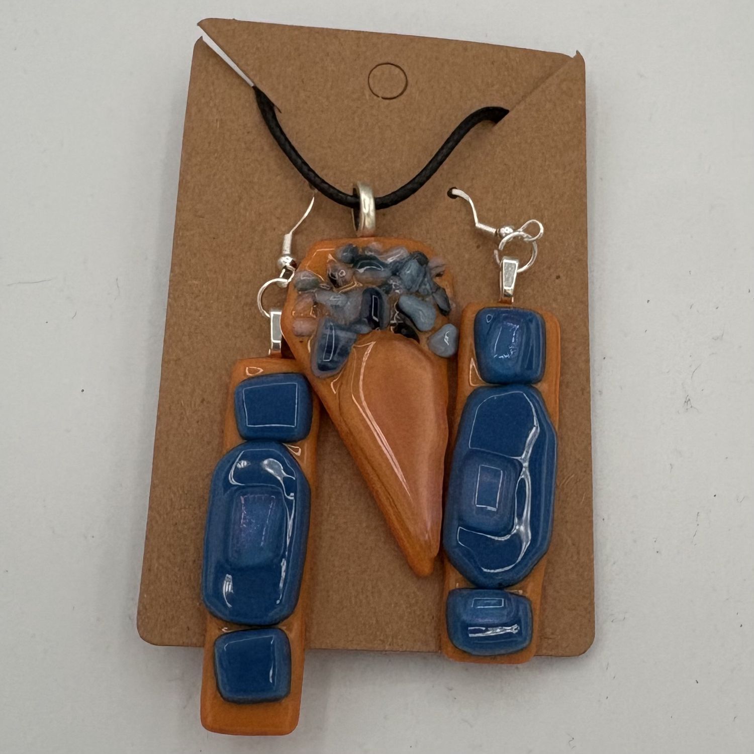 Alphonso Rowe, Fused Glass Jewelry Set, Orange and Blue Design