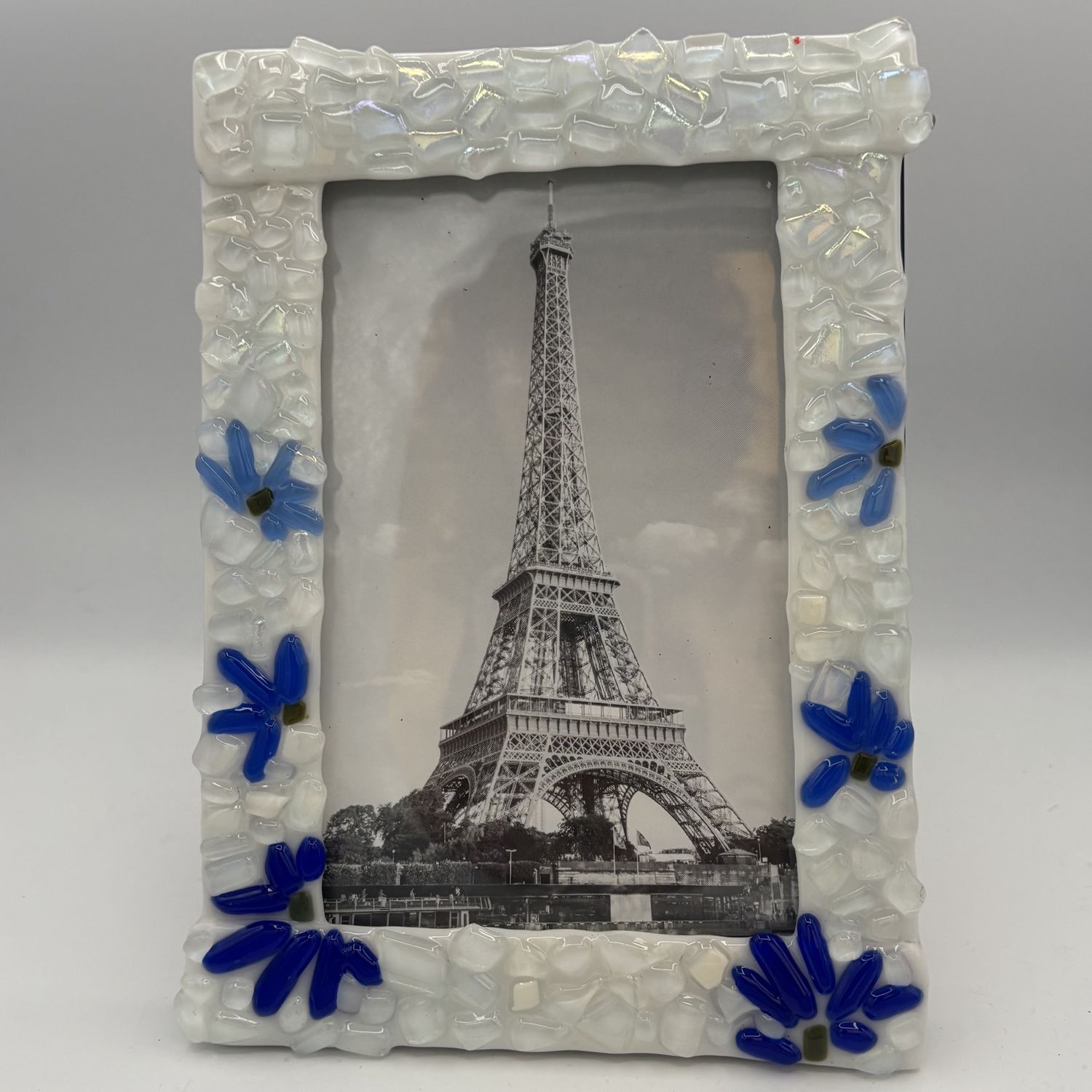 Alaina Weeks, Fused Glass Frame, Blue Flowers on White