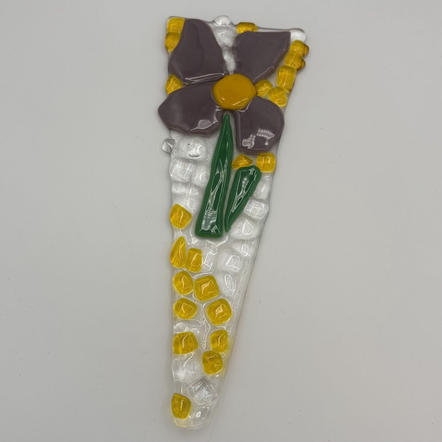 Katie Albers, Fused Glass Garden Stake, Purple and Yellow Flower