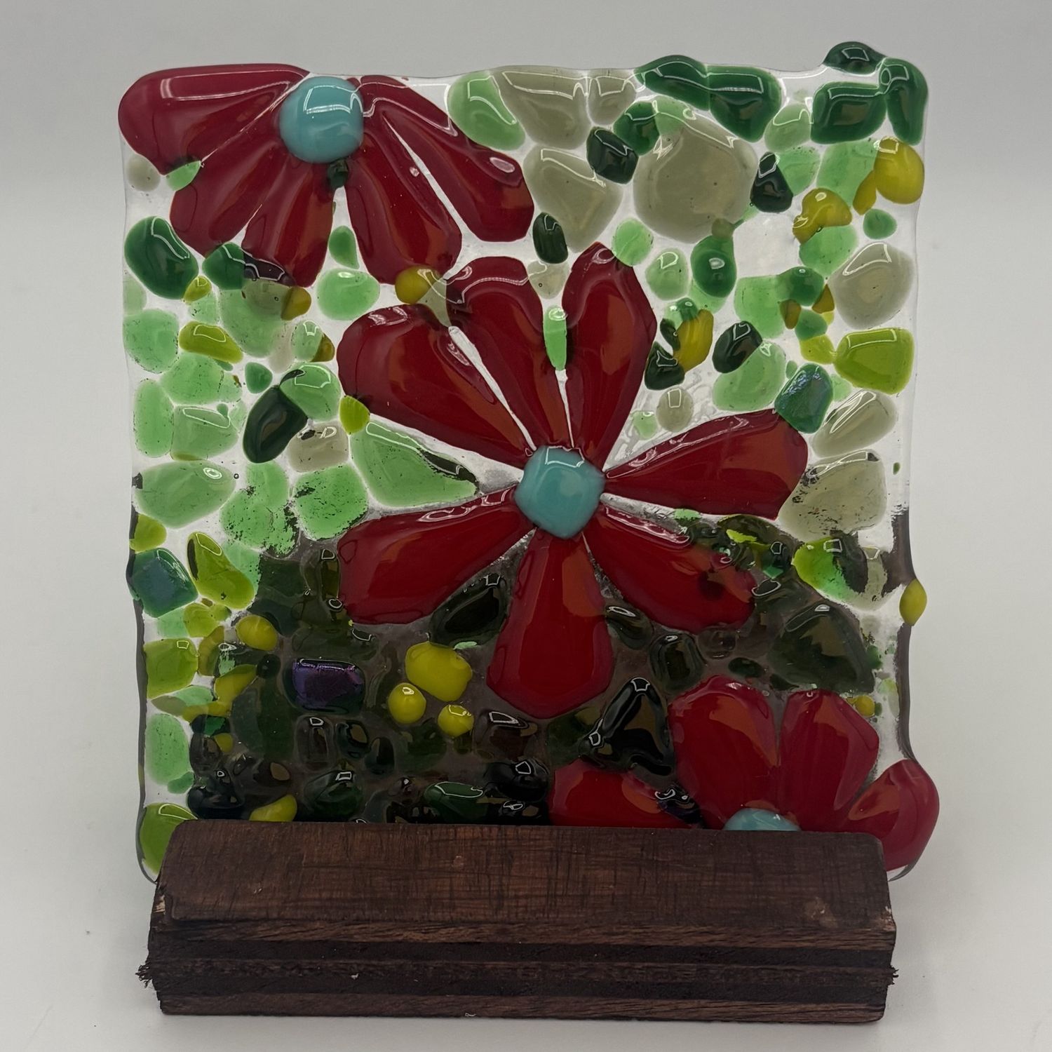 Annie Baxter, Fused Glass Stand Piece, Red and Blue Flowers
